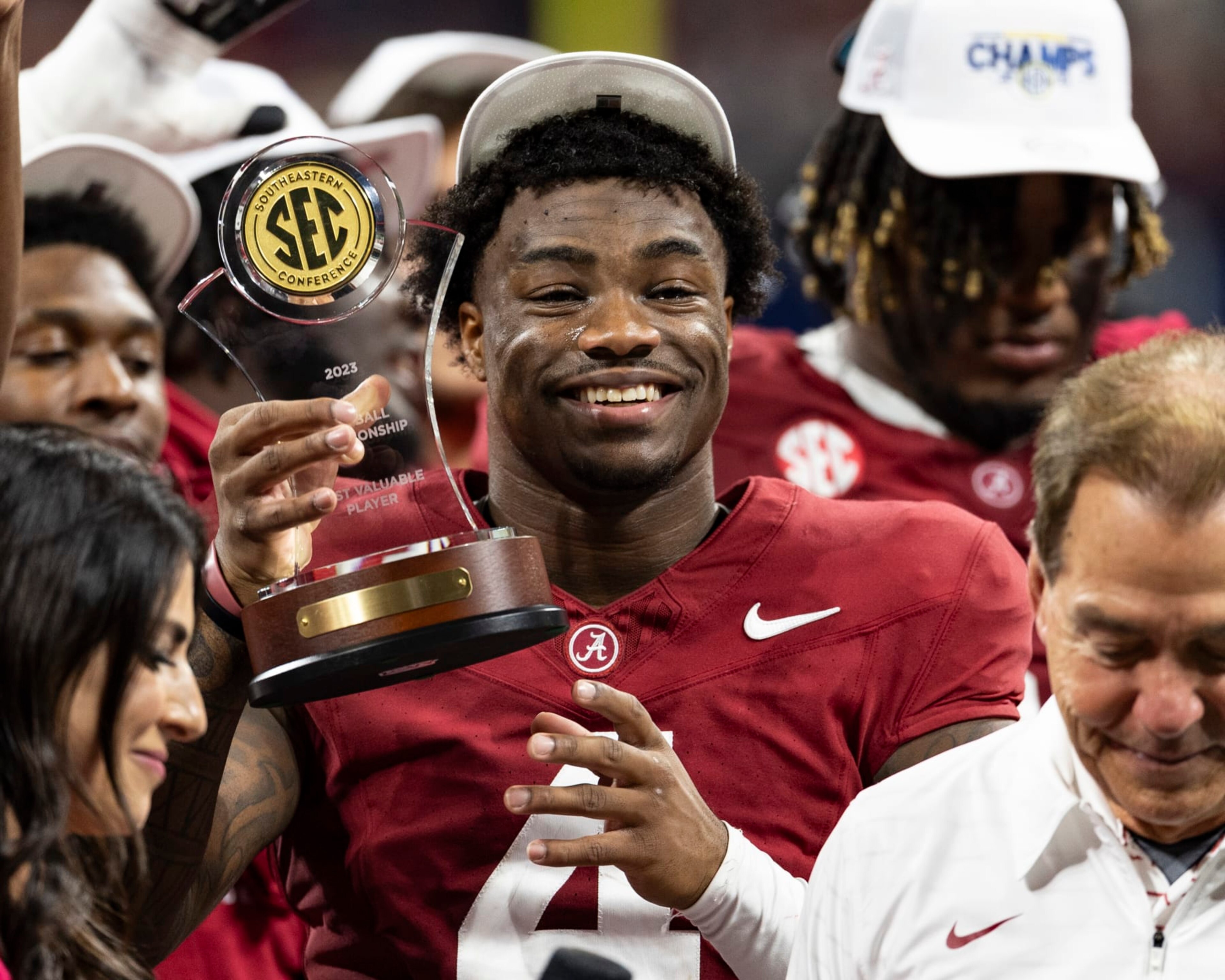 ATLANTA, GEORGIA - DECEMBER 2: Jalen Milroe #4 of the Alabama Crimson Tide wins the most valuable player award during a game between University of Georgia and University of Alabama at Mercedes-Benz Stadium on December 2, 2023 in Atlanta, Georgia. (Photo by Steve Limentani/ISI Photos/Getty Images) ATLANTA, GEORGIA - DECEMBER 2: Jalen Milroe #4 of the Alabama Crimson Tide wins the most valuable player award during a game between University of Georgia and University of Alabama at Mercedes-Benz Stadium on December 2, 2023 in Atlanta, Georgia. (Photo by Steve Limentani/ISI Photos/Getty Images)