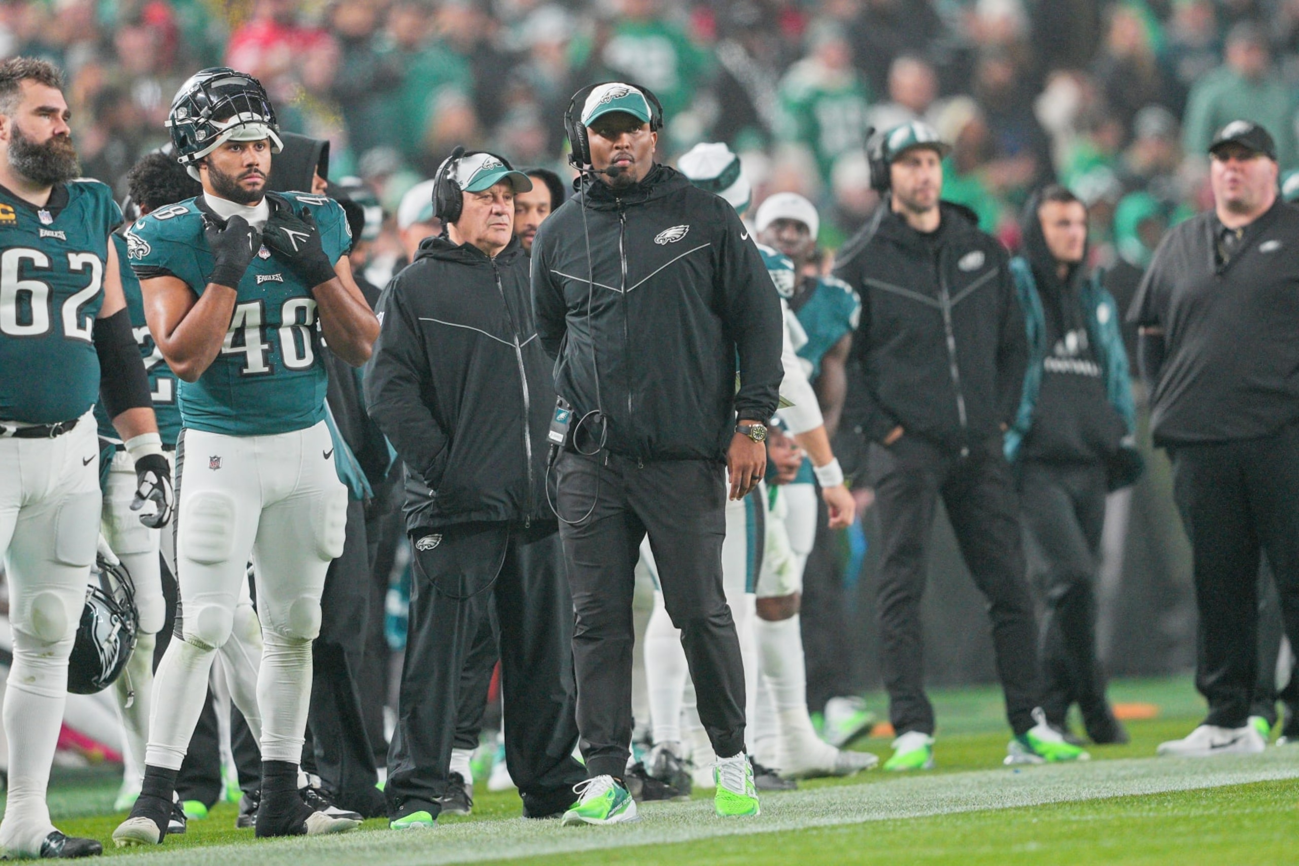 PHILADELPHIA, PA - DECEMBER 03: Philadelphia Eagles offensive coordinator Brian Johnson looks on during the game between the San Fransisco 49ers and the Philadelphia Eagles on December 3, 2023 at Lincoln Financial Field. (Photo by Andy Lewis/Icon Sportswire via Getty Images)