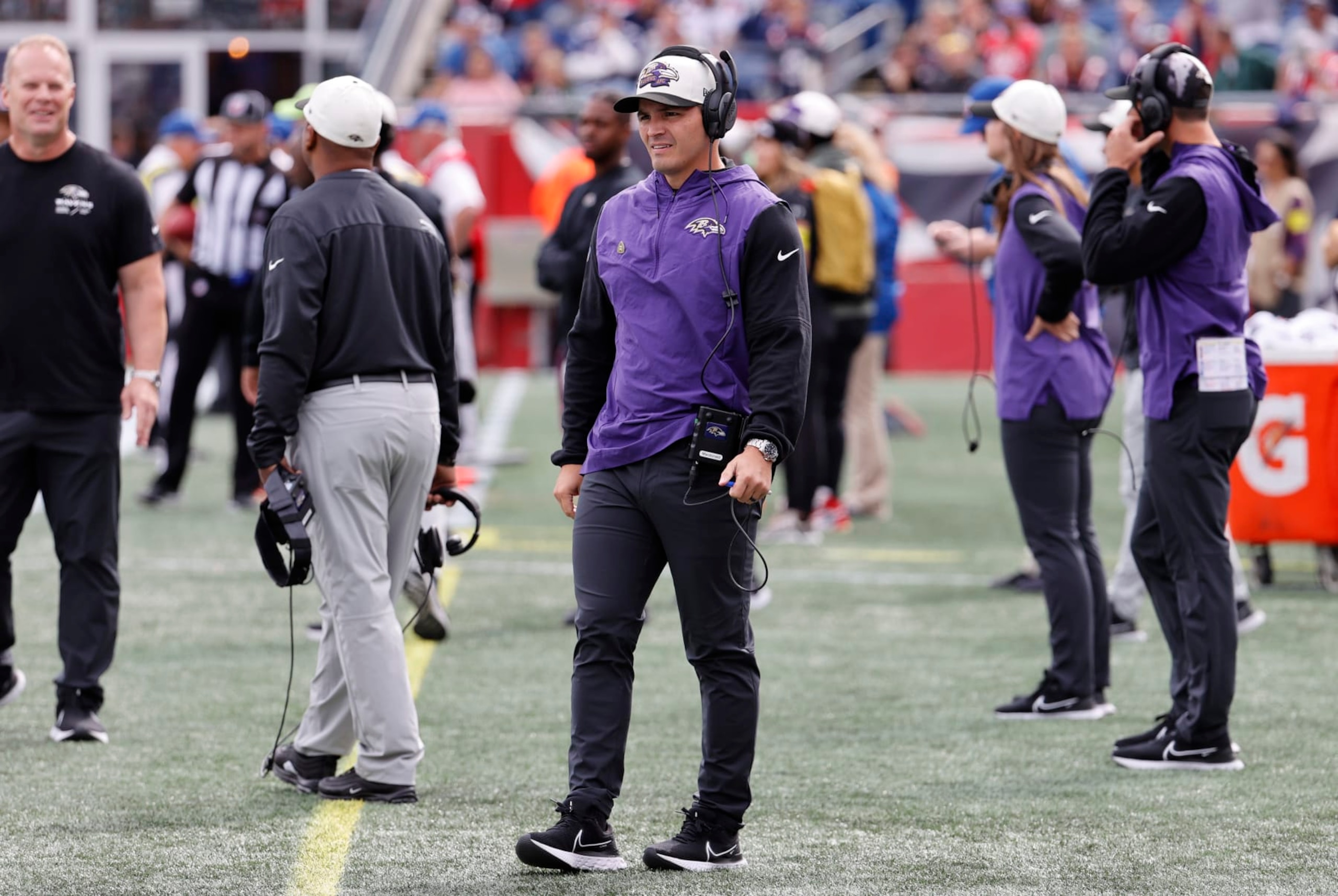 FOXBOROUGH, MA - SEPTEMBER 25: Baltimore Ravens defensive coordinator Mike Macdonald before a game between the New England Patriots and the Baltimore Ravens on September 25, 2022, at Gillette Stadium in Foxborough, Massachusetts. (Photo by Fred Kfoury III/Icon Sportswire via Getty Images)
