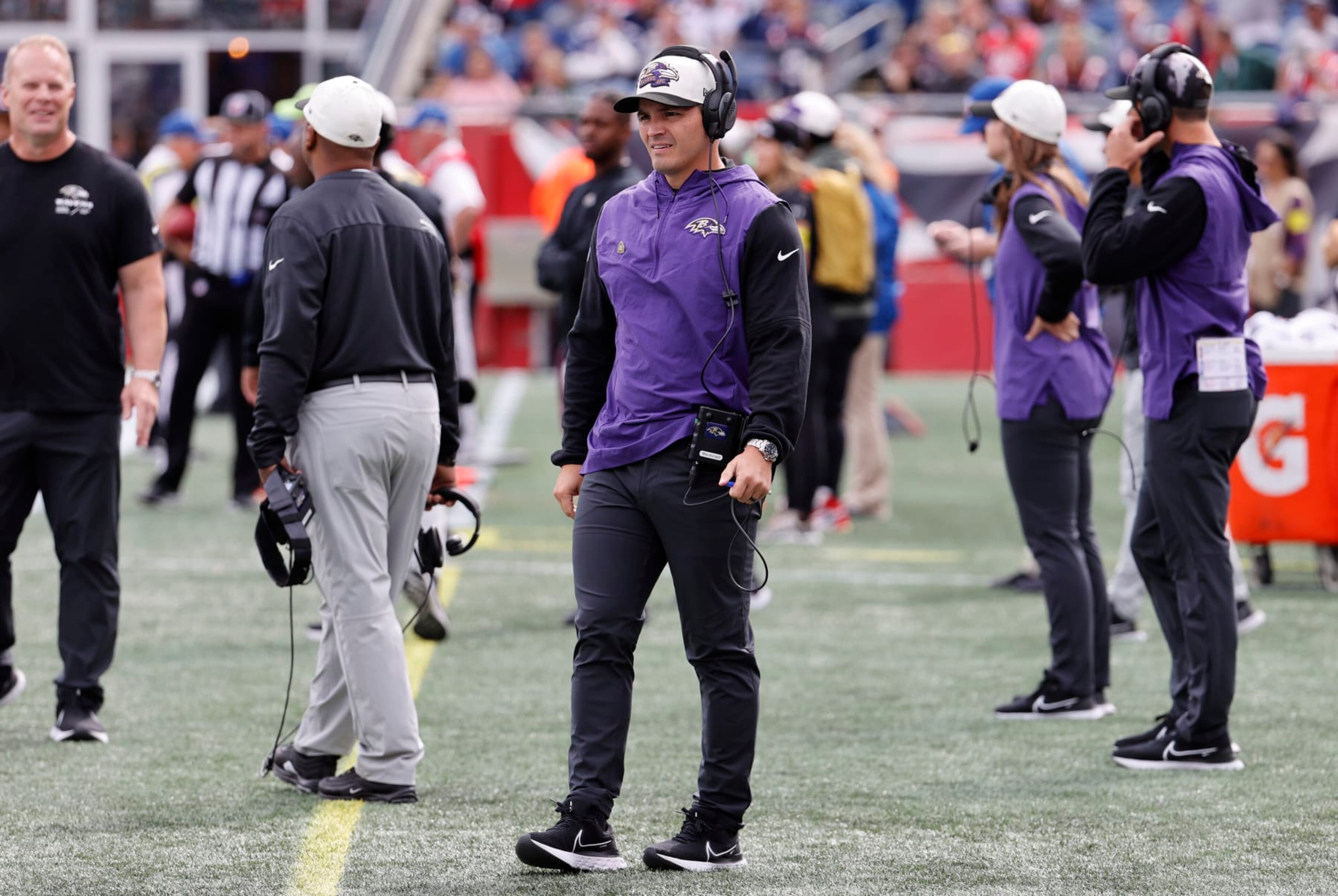 FOXBOROUGH, MA - SEPTEMBER 25: Baltimore Ravens defensive coordinator Mike Macdonald before a game between the New England Patriots and the Baltimore Ravens on September 25, 2022, at Gillette Stadium in Foxborough, Massachusetts. (Photo by Fred Kfoury III/Icon Sportswire via Getty Images)