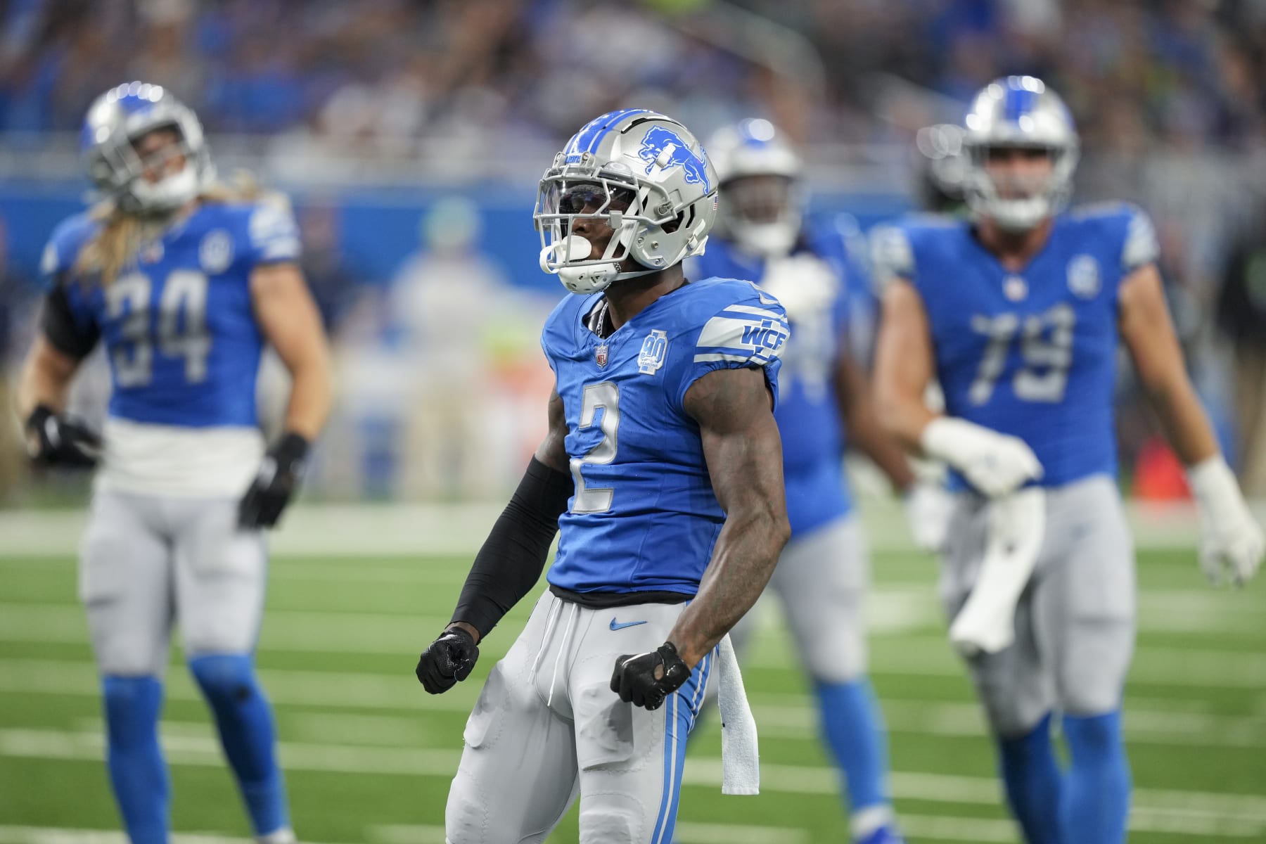 DETROIT, MI - SEPTEMBER 17: Safety C.J. Gardner-Johnson #2 of the Detroit Lions celebrates during the first half of an NFL football game against the Seattle Seahawks at Ford Field on September 17, 2023 in Detroit, Michigan. (Photo by Todd Rosenberg/Getty Images)
