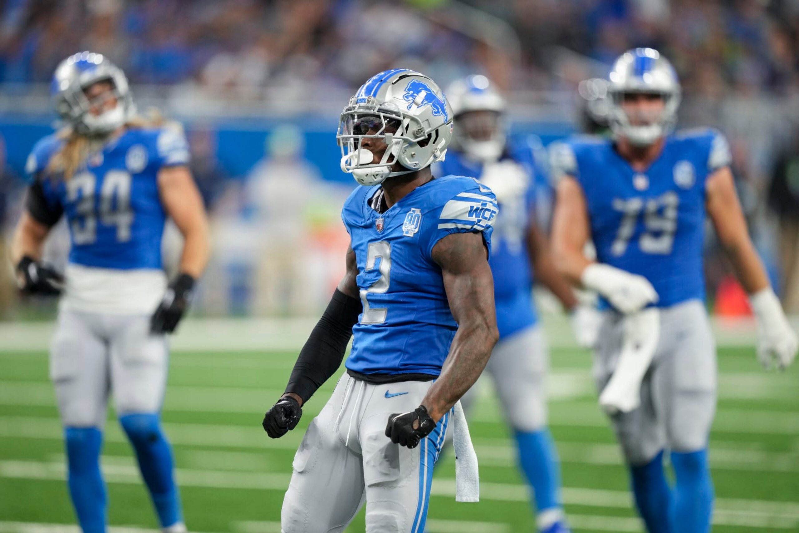 DETROIT, MI - SEPTEMBER 17: Safety C.J. Gardner-Johnson #2 of the Detroit Lions celebrates during the first half of an NFL football game against the Seattle Seahawks at Ford Field on September 17, 2023 in Detroit, Michigan. (Photo by Todd Rosenberg/Getty Images)
