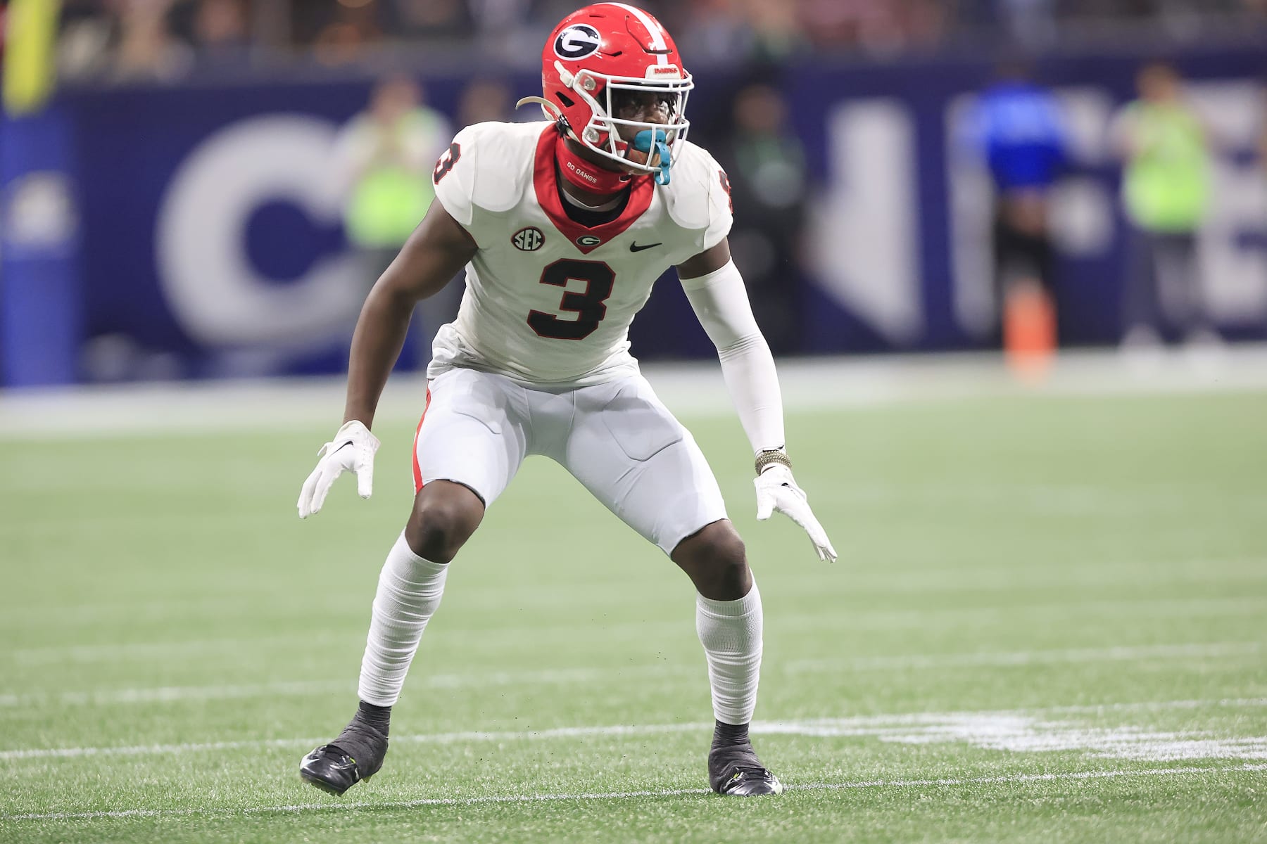 ATLANTA, GA - DECEMBER 02:  Georgia Bulldogs defensive back Kamari Lassiter (3) during the college football SEC Championship game between the Alabama Crimson Tide and the Georgia Bulldogs on December 2, 2023 at the Mercedes-Benz Stadium in Atlanta, GA.  (Photo by David J. Griffin/Icon Sportswire via Getty Images)