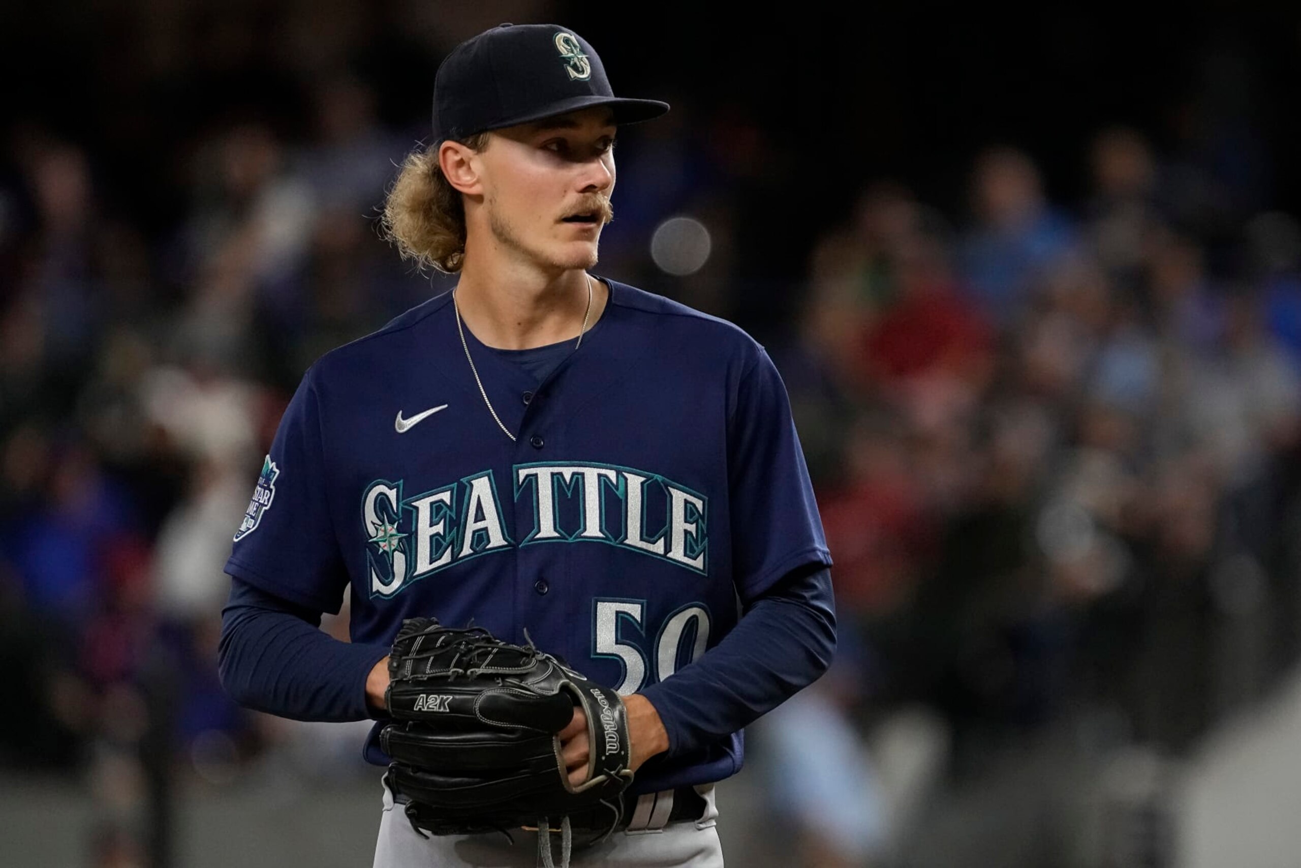 ARLINGTON, TEXAS - SEPTEMBER 22: Bryce Miller #50 of the Seattle Mariners looks to home plate during the first inning against the Texas Rangers at Globe Life Field on September 22, 2023 in Arlington, Texas. (Photo by Sam Hodde/Getty Images)