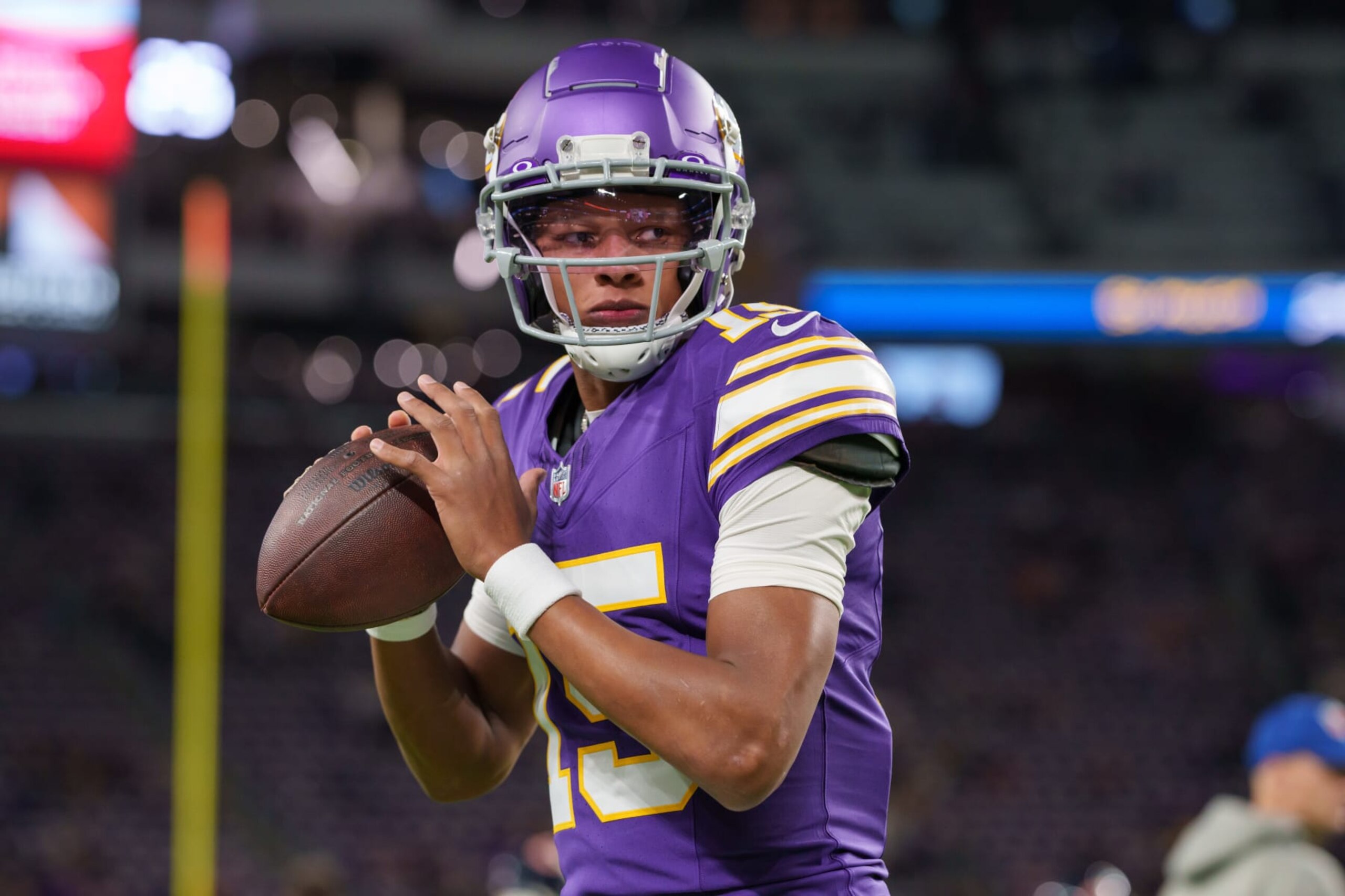 MINNEAPOLIS, MN - NOVEMBER 27:  Quarterback Joshua Dobbs #15 of the Minnesota Vikings warms up prior to an NFL football game against the Chicago Bears at US Bank Stadium on November 27, 2023 in Minneapolis, Minnesota. The Bears beat the Vikings 12-10. (Photo by Todd Rosenberg/Getty Images)