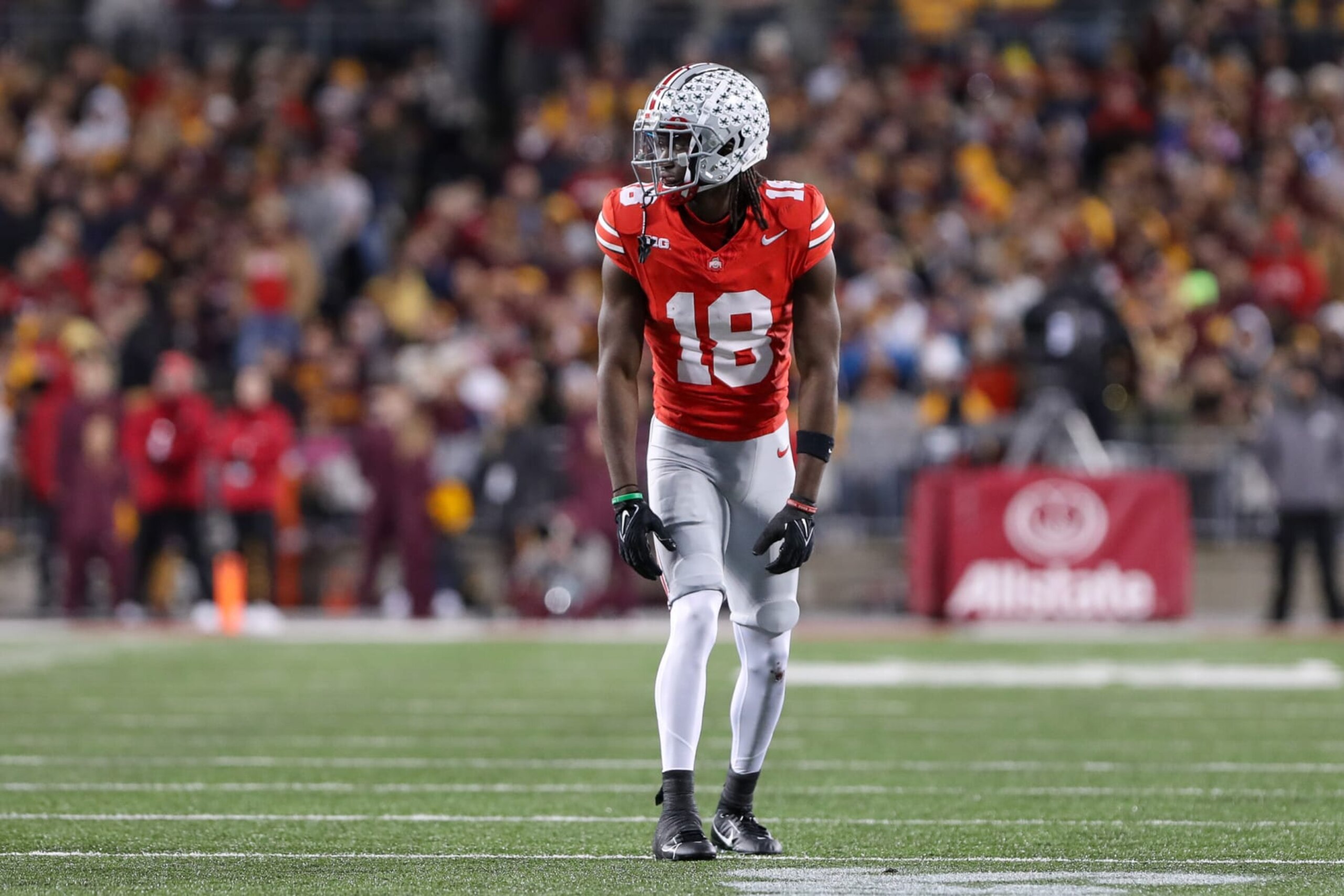 COLUMBUS, OH - NOVEMBER 18: Ohio State Buckeyes wide receiver Marvin Harrison Jr. (18) during the game against the Minnesota Golden Gophers and the Ohio State Buckeyes on November 18, 2023, at Ohio Stadium in Columbus, OH. (Photo by Ian Johnson/Icon Sportswire via Getty Images)