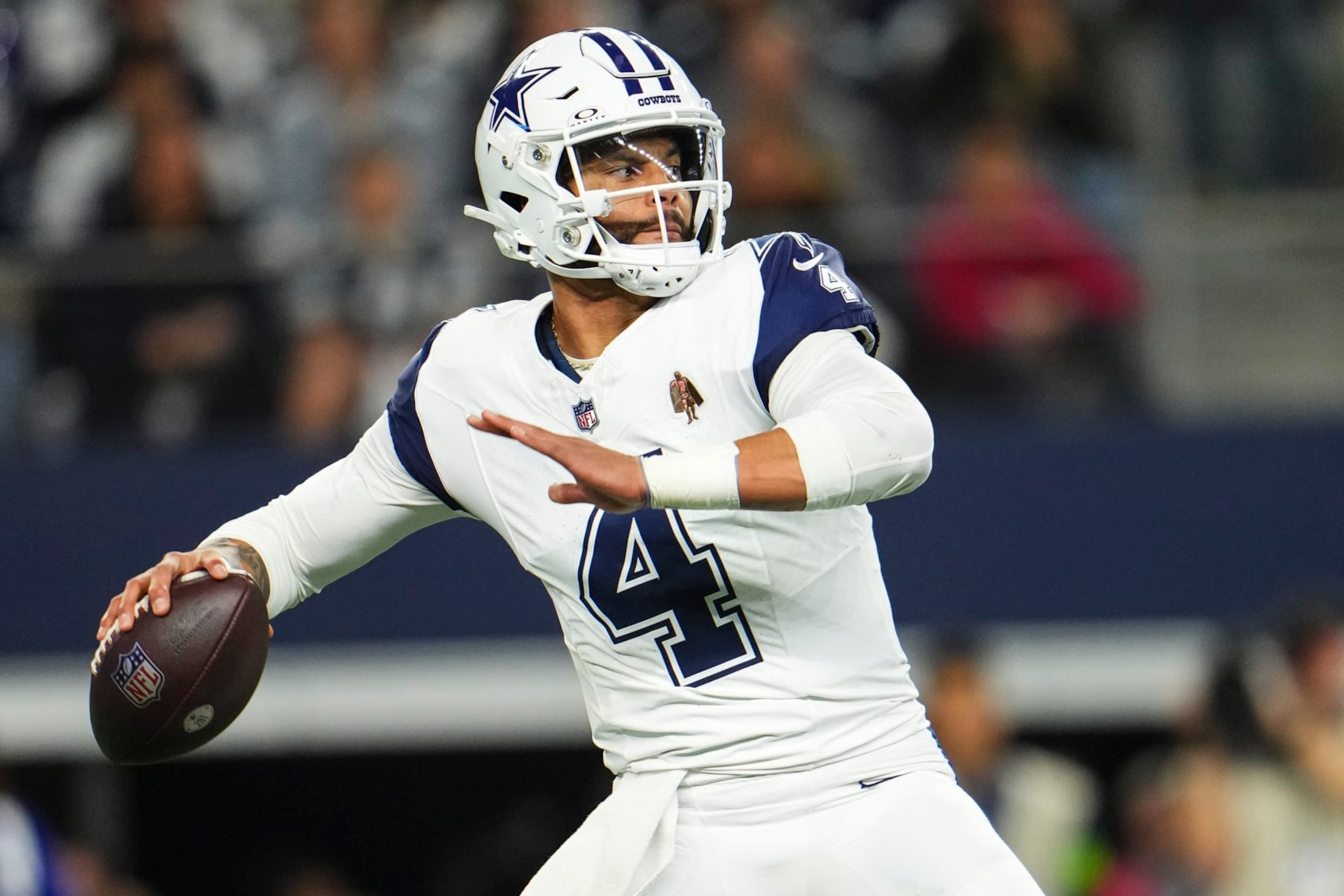 ARLINGTON, TX - DECEMBER 10: Dak Prescott #4 of the Dallas Cowboys throws the ball during an NFL football game against the Philadelphia Eagles at AT&T Stadium on December 10, 2023 in Arlington, Texas. (Photo by Cooper Neill/Getty Images)