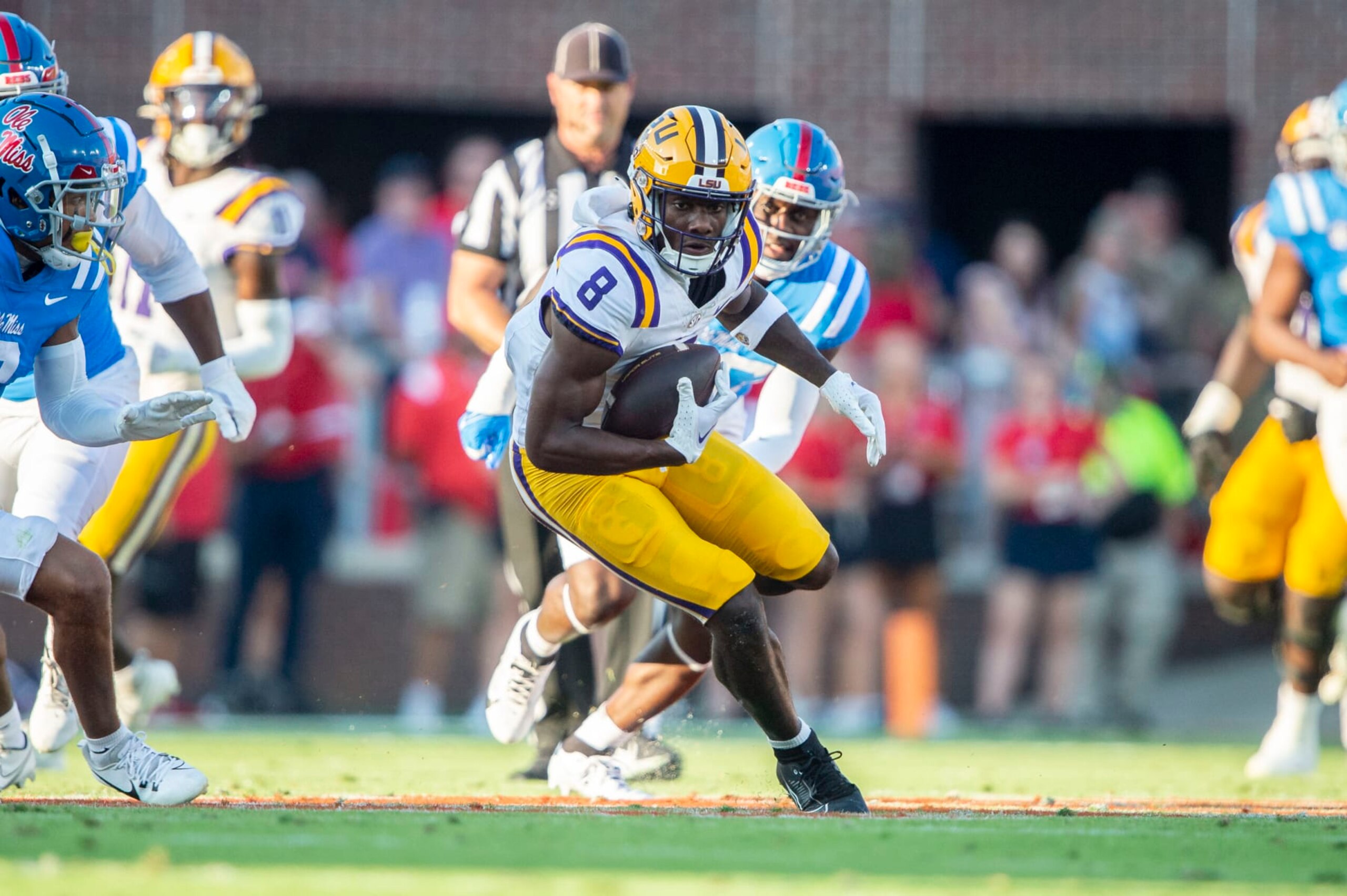 OXFORD, MISSISSIPPI - SEPTEMBER 30: wide receiver Malik Nabers #8 of the LSU Tigers during their game against the Mississippi Rebels at Vaught-Hemingway Stadium on September 30, 2023 in Oxford, Mississippi. (Photo by Michael Chang/Getty Images)