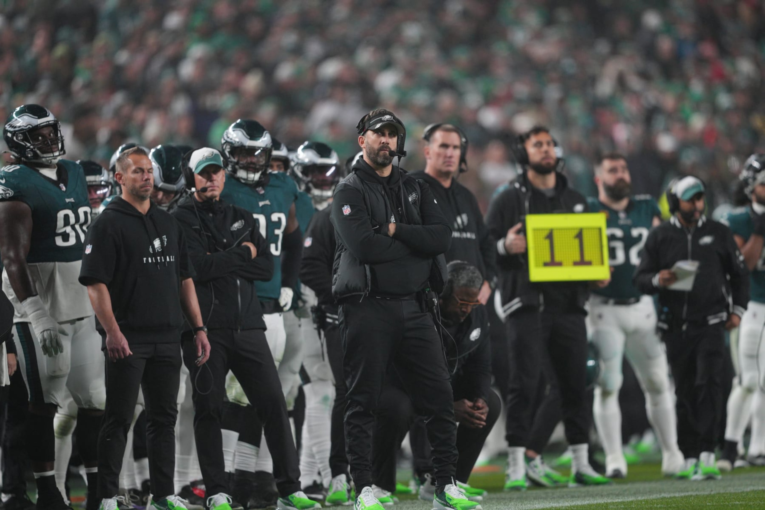 PHILADELPHIA, PA - DECEMBER 03: Philadelphia Eagles head coach Nick Sirianni looks on during the game between the San Fransisco 49ers and the Philadelphia Eagles on December 3, 2023 at Lincoln Financial Field. (Photo by Andy Lewis/Icon Sportswire via Getty Images)
