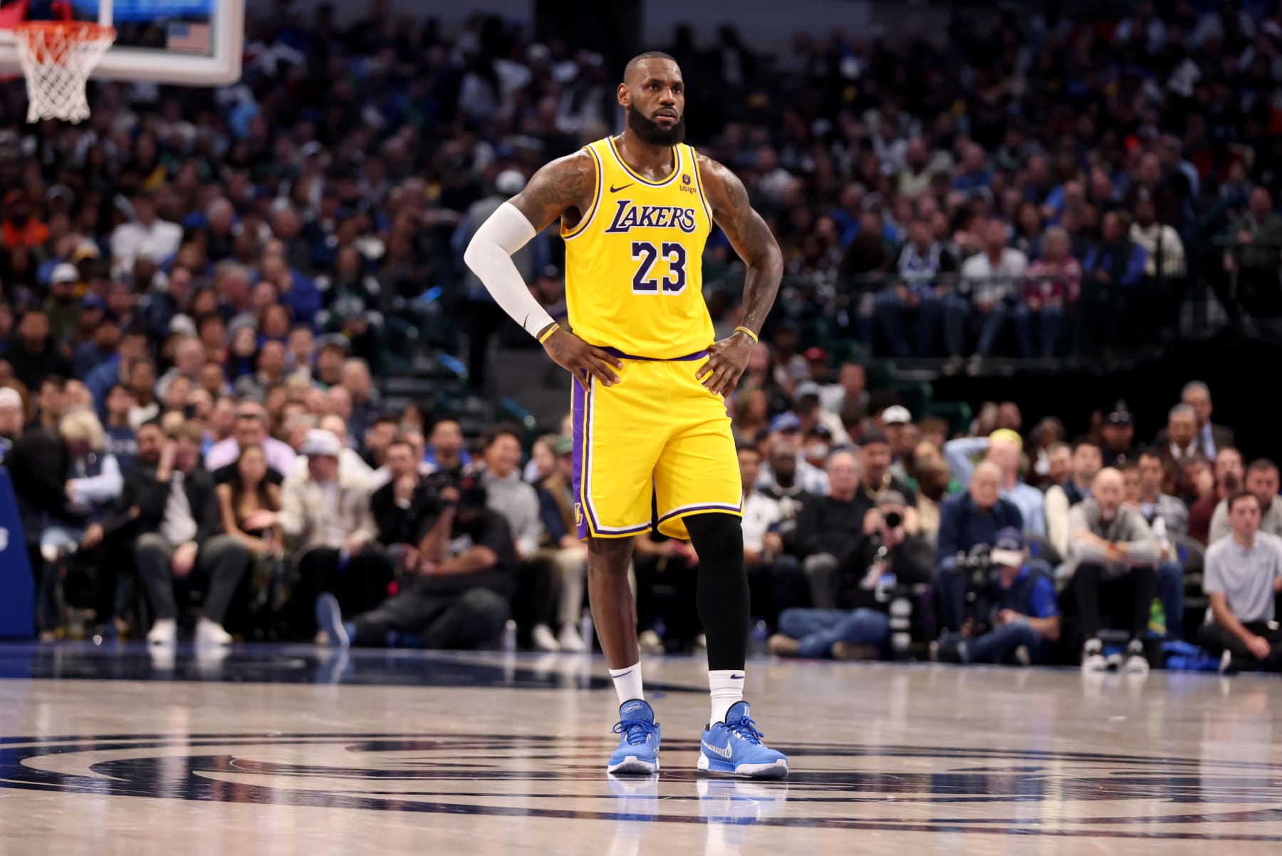 DALLAS, TEXAS - DECEMBER 12: LeBron James #23 of the Los Angeles Lakers stands on the court in the first half against the Dallas Mavericks at American Airlines Center on December 12, 2023 in Dallas, Texas. NOTE TO USER: User expressly acknowledges and agrees that, by downloading and or using this photograph, User is consenting to the terms and conditions of the Getty Images License Agreement. (Photo by Tim Heitman/Getty Images)