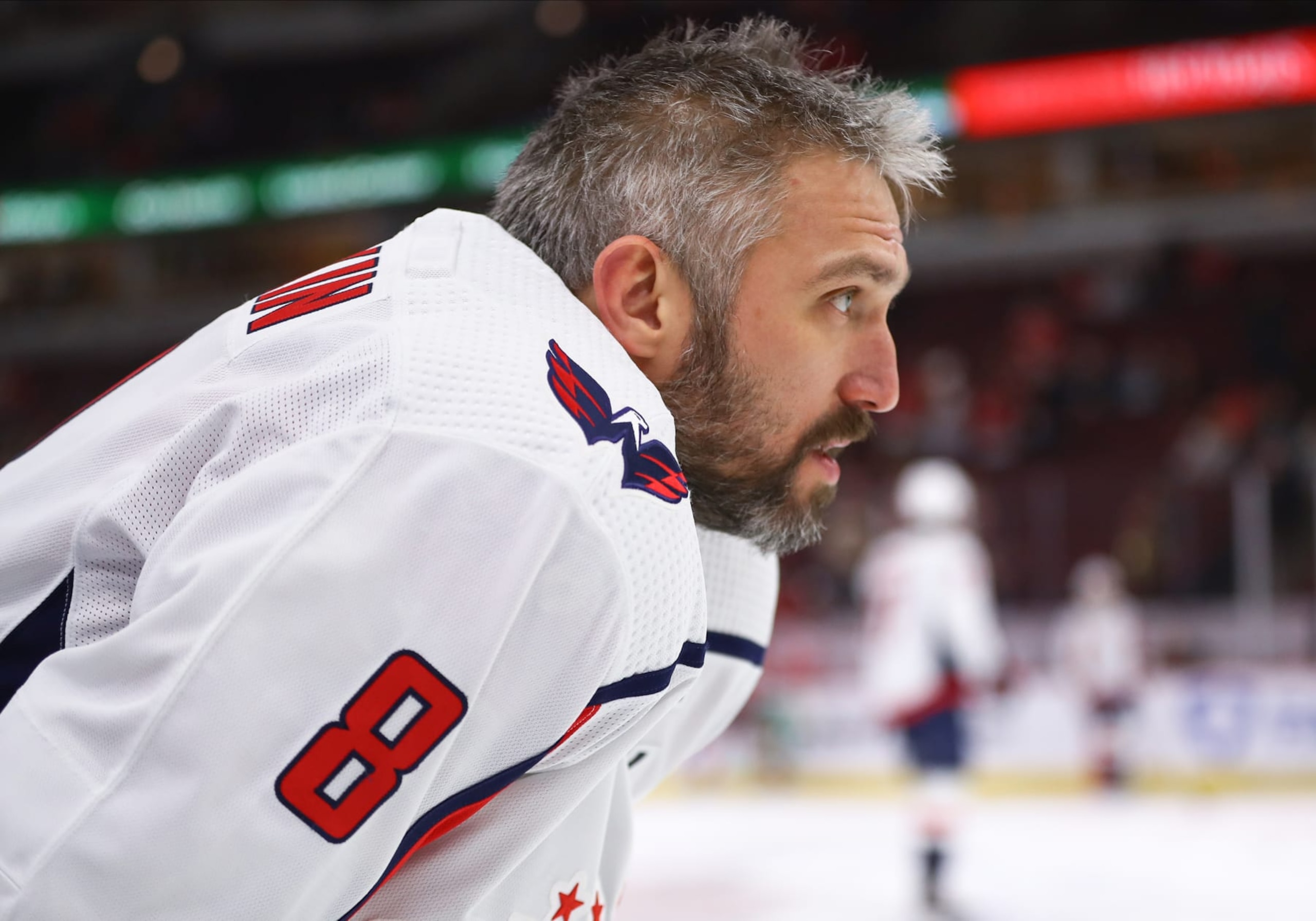CHICAGO, IL - DECEMBER 10: Alex Ovechkin #8 of the Washington Capitals looks on prior to a game against the Chicago Blackhawks at the United Center on December, 10, 2023 in Chicago, Illinois. (Photo by Melissa Tamez/Icon Sportswire via Getty Images)