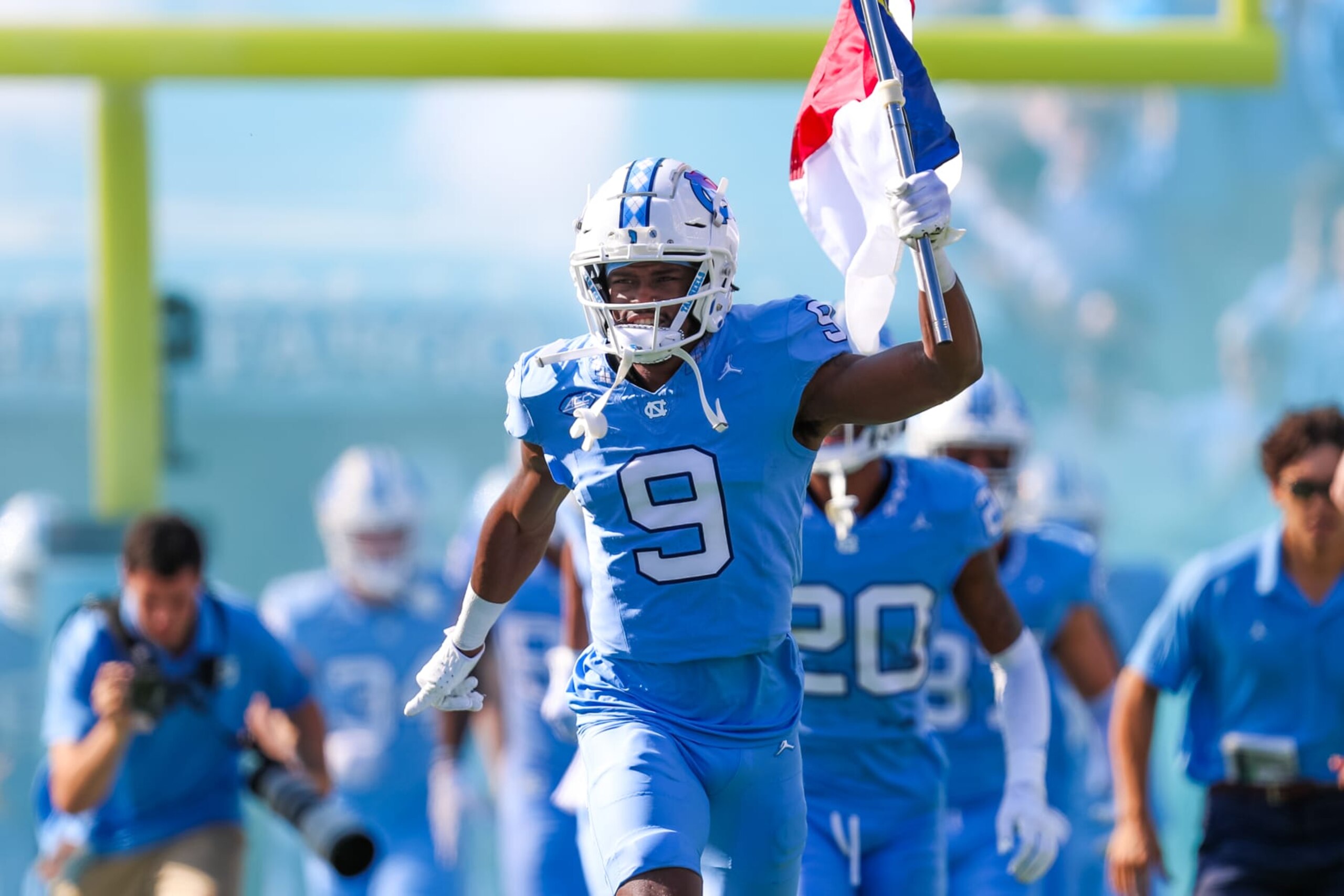 CHAPEL HILL, NC - OCTOBER 07: Devontez Walker #9 of the North Carolina Tar Heels leads his team on to the field before a football game against the Syracuse Orange at Kenan Memorial Stadium in Chapel Hill, North Carolina on Oct 7, 2023. (Photo by David Jensen/Icon Sportswire via Getty Images)