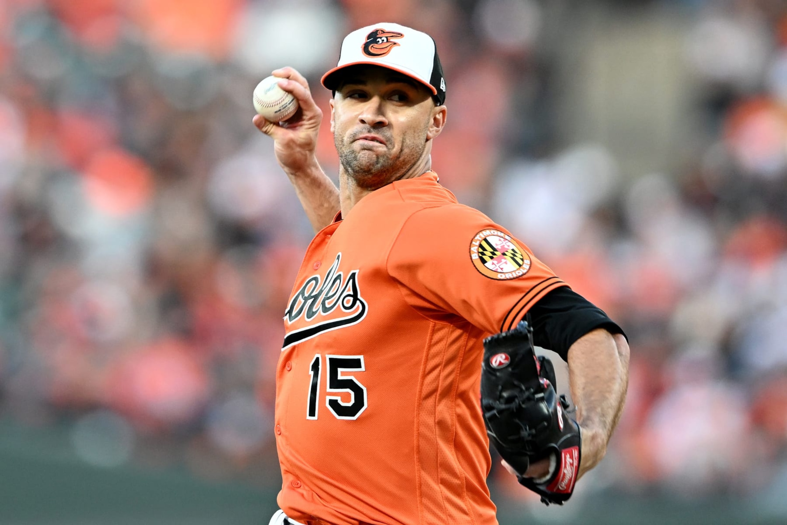 BALTIMORE, MARYLAND - OCTOBER 08: Jack Flaherty #15 of the Baltimore Orioles pitches against the Texas Rangers during the fifth inning in Game Two of the Division Series at Oriole Park at Camden Yards on October 08, 2023 in Baltimore, Maryland. (Photo by Greg Fiume/Getty Images) BALTIMORE, MARYLAND - OCTOBER 08: Jack Flaherty #15 of the Baltimore Orioles pitches against the Texas Rangers during the fifth inning in Game Two of the Division Series at Oriole Park at Camden Yards on October 08, 2023 in Baltimore, Maryland. (Photo by Greg Fiume/Getty Images)