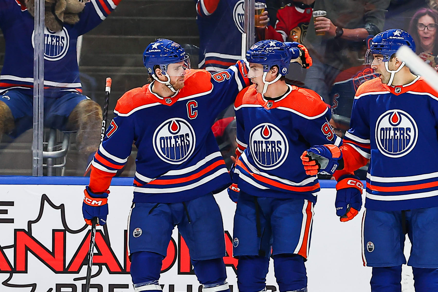 EDMONTON, AB - DECEMBER 12: Edmonton Oilers Center Connor McDavid (97) celebrates an Oilers goal in the first period of the Edmonton Oilers game versus the Chicago Blackhawks on December 12, 2023 at Rogers Place in Edmonton, AB. (Photo by Curtis Comeau/Icon Sportswire via Getty Images)