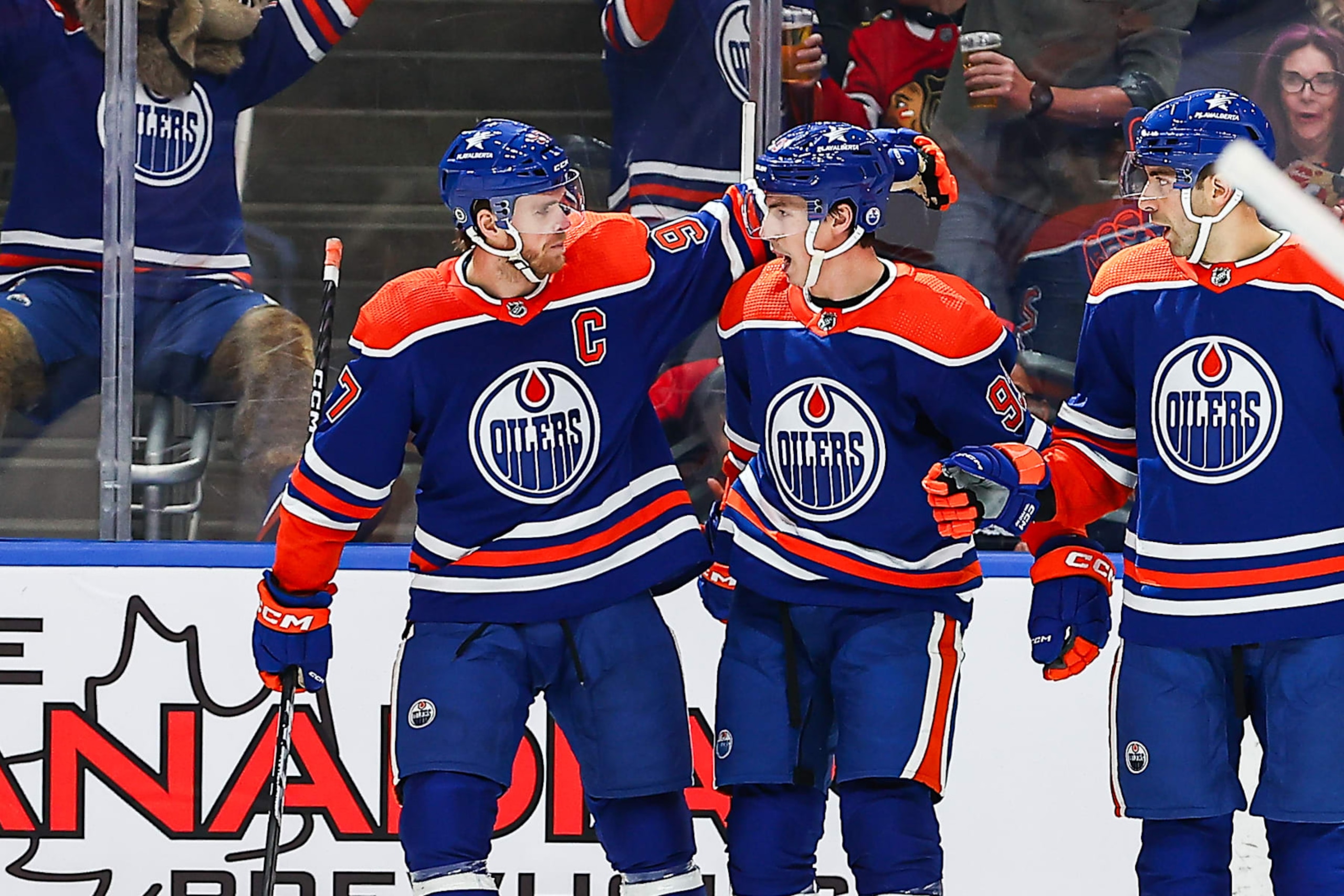 EDMONTON, AB - DECEMBER 12: Edmonton Oilers Center Connor McDavid (97) celebrates an Oilers goal in the first period of the Edmonton Oilers game versus the Chicago Blackhawks on December 12, 2023 at Rogers Place in Edmonton, AB. (Photo by Curtis Comeau/Icon Sportswire via Getty Images)