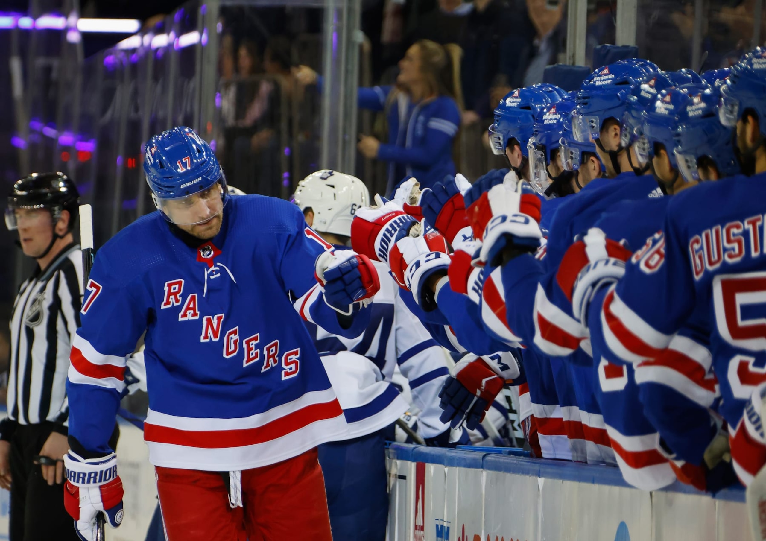 NEW YORK, NEW YORK - DECEMBER 12: Blake Wheeler #17 of the New York Rangers celebrates his first period goal against the Toronto Maple Leafs at Madison Square Garden on December 12, 2023 in New York City. (Photo by Bruce Bennett/Getty Images)