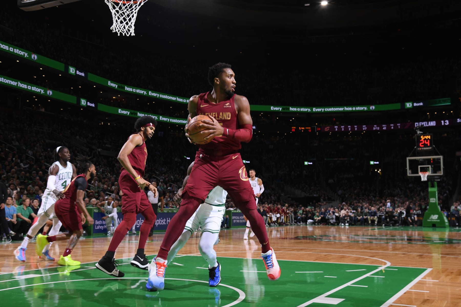 BOSTON, MA - DECEMBER 14: Donovan Mitchell #45 of the Cleveland Cavaliers grabs the rebound during the game against the Boston Celtics on December 14, 2023 at the TD Garden in Boston, Massachusetts. NOTE TO USER: User expressly acknowledges and agrees that, by downloading and or using this photograph, User is consenting to the terms and conditions of the Getty Images License Agreement. Mandatory Copyright Notice: Copyright 2023 NBAE  (Photo by Brian Babineau/NBAE via Getty Images)