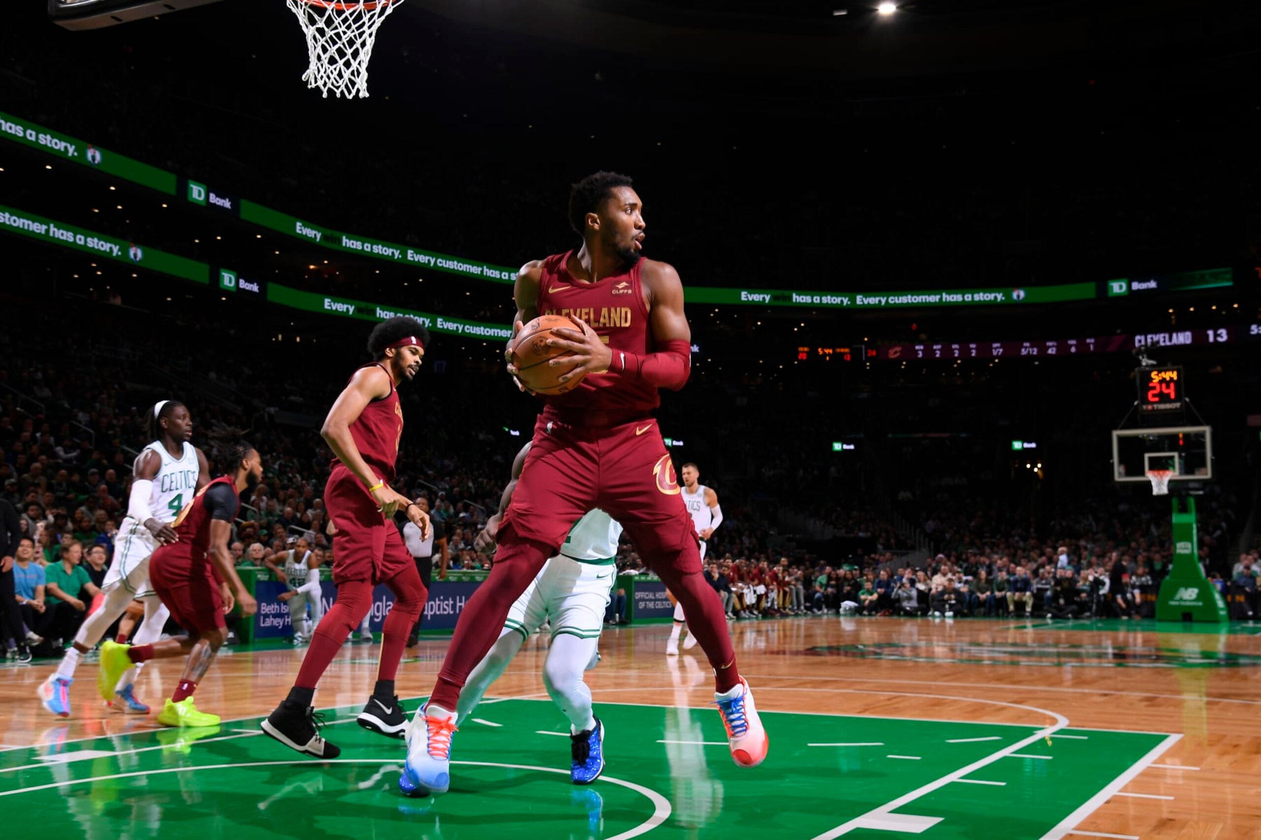 BOSTON, MA - DECEMBER 14: Donovan Mitchell #45 of the Cleveland Cavaliers grabs the rebound during the game against the Boston Celtics on December 14, 2023 at the TD Garden in Boston, Massachusetts. NOTE TO USER: User expressly acknowledges and agrees that, by downloading and or using this photograph, User is consenting to the terms and conditions of the Getty Images License Agreement. Mandatory Copyright Notice: Copyright 2023 NBAE  (Photo by Brian Babineau/NBAE via Getty Images)