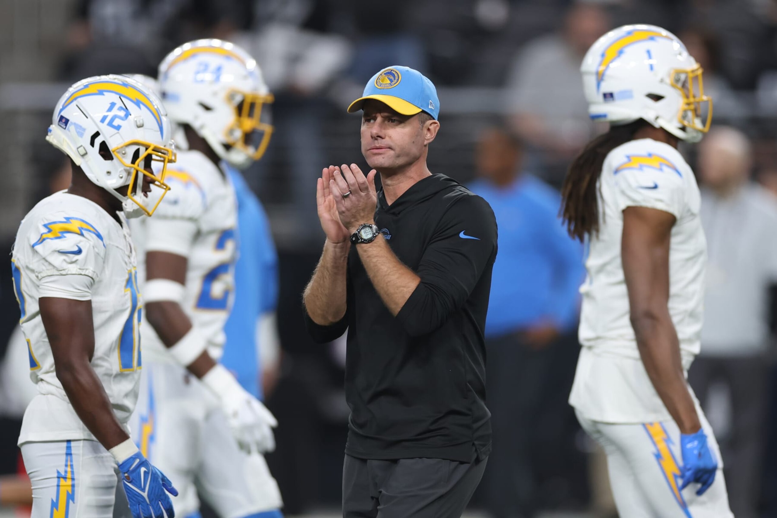 LAS VEGAS, NEVADA - DECEMBER 14: Head coach Brandon Staley of the Los Angeles Chargers looks on before playi against the Las Vegas Raiders at Allegiant Stadium on December 14, 2023 in Las Vegas, Nevada. (Photo by Sean M. Haffey/Getty Images)