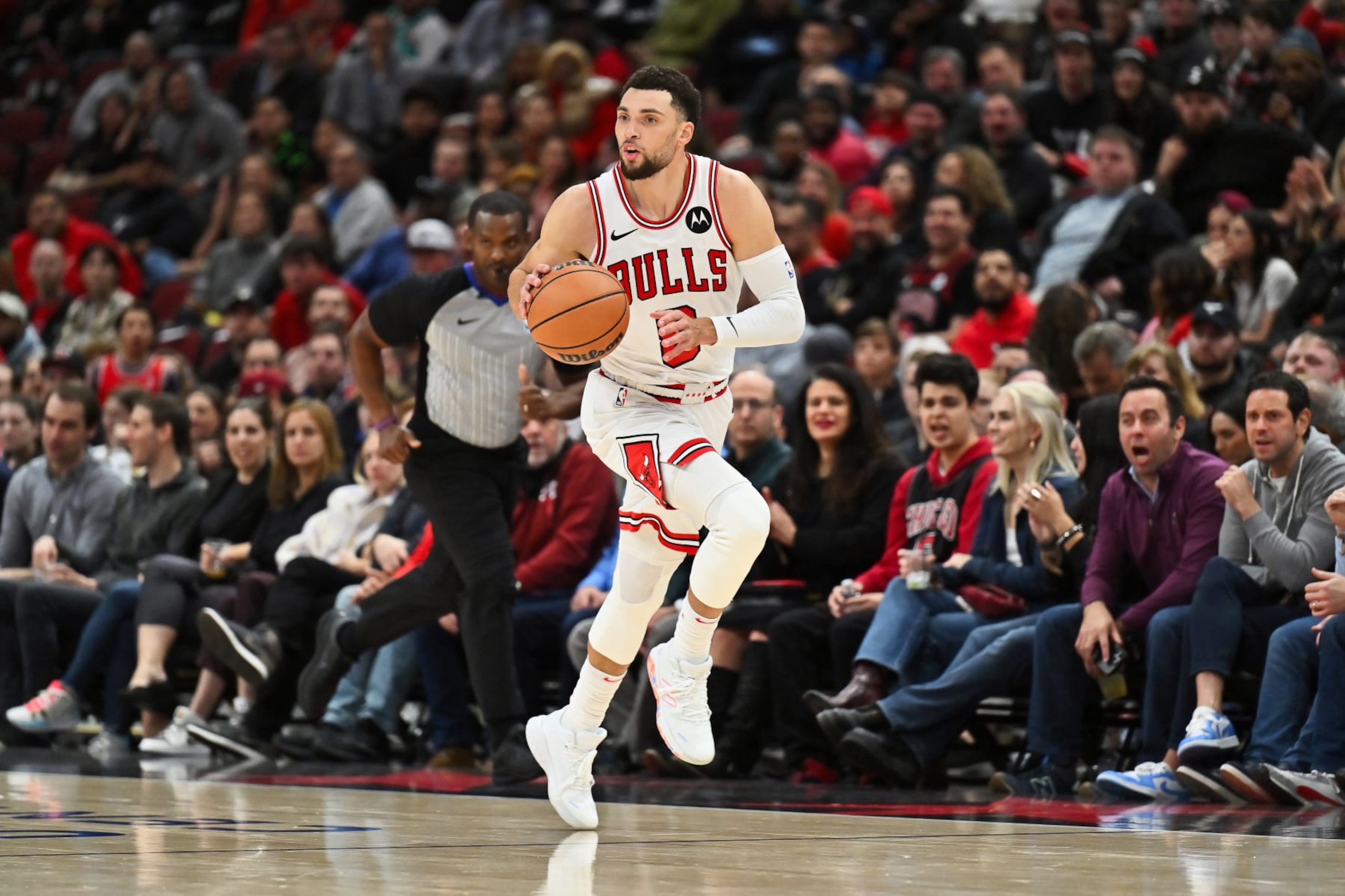 CHICAGO, ILLINOIS - NOVEMBER 15:  Zach Lavine #8 of the Chicago Bulls controls the ball against the Orlando Magic on November 15, 2023 at United Center in Chicago, Illinois.   NOTE TO USER: User expressly acknowledges and agrees that, by downloading and or using this photograph, User is consenting to the terms and conditions of the Getty Images License Agreement.  (Photo by Jamie Sabau/Getty Images)