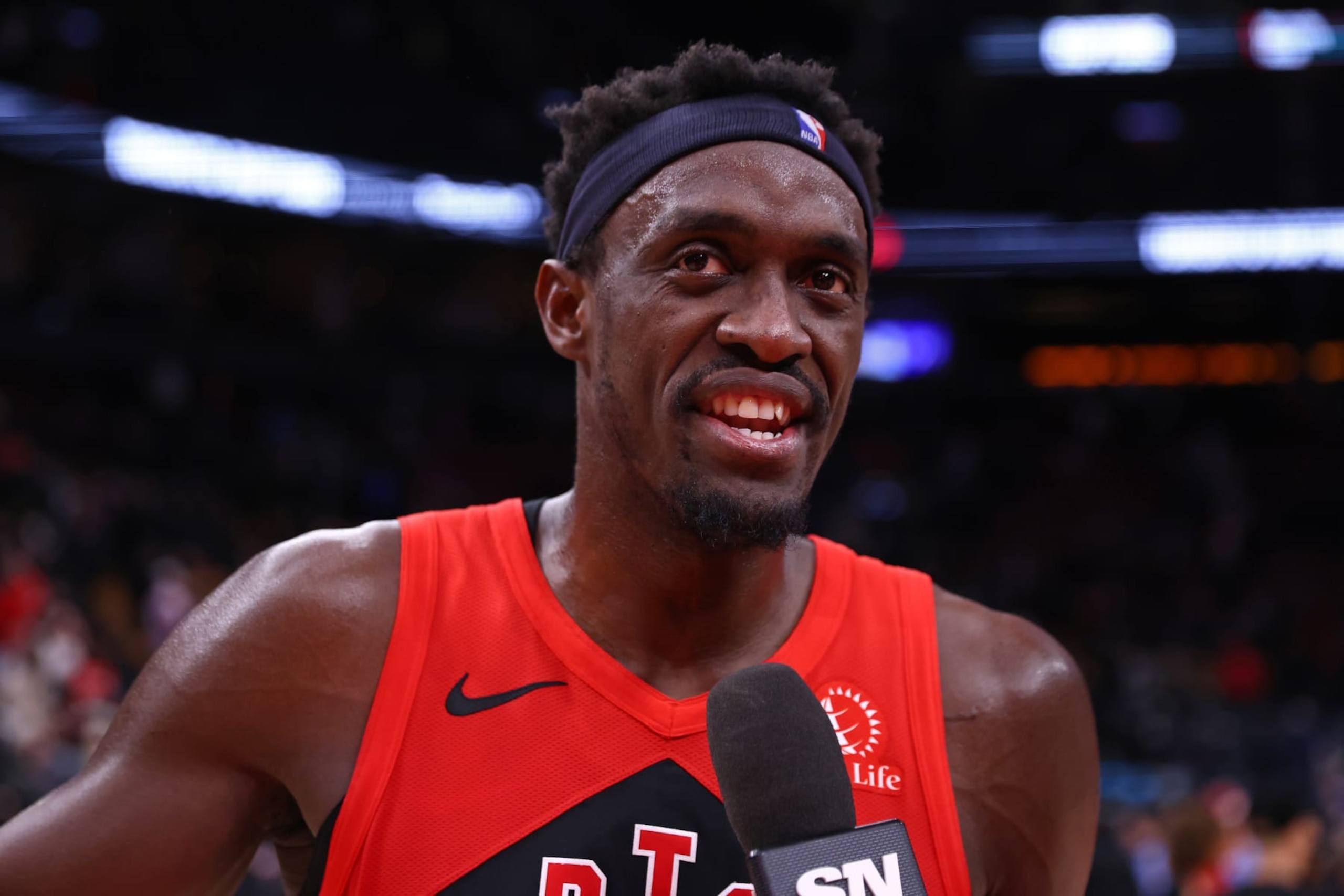 TORONTO, CANADA - DECEMBER 13: Pascal Siakam #43 of the Toronto Raptors talks to the media after the game against the Atlanta Hawks on December 13, 2023 at the Scotiabank Arena in Toronto, Ontario, Canada.  NOTE TO USER: User expressly acknowledges and agrees that, by downloading and or using this Photograph, user is consenting to the terms and conditions of the Getty Images License Agreement.  Mandatory Copyright Notice: Copyright 2023 NBAE (Photo by Vaughn Ridley/NBAE via Getty Images)