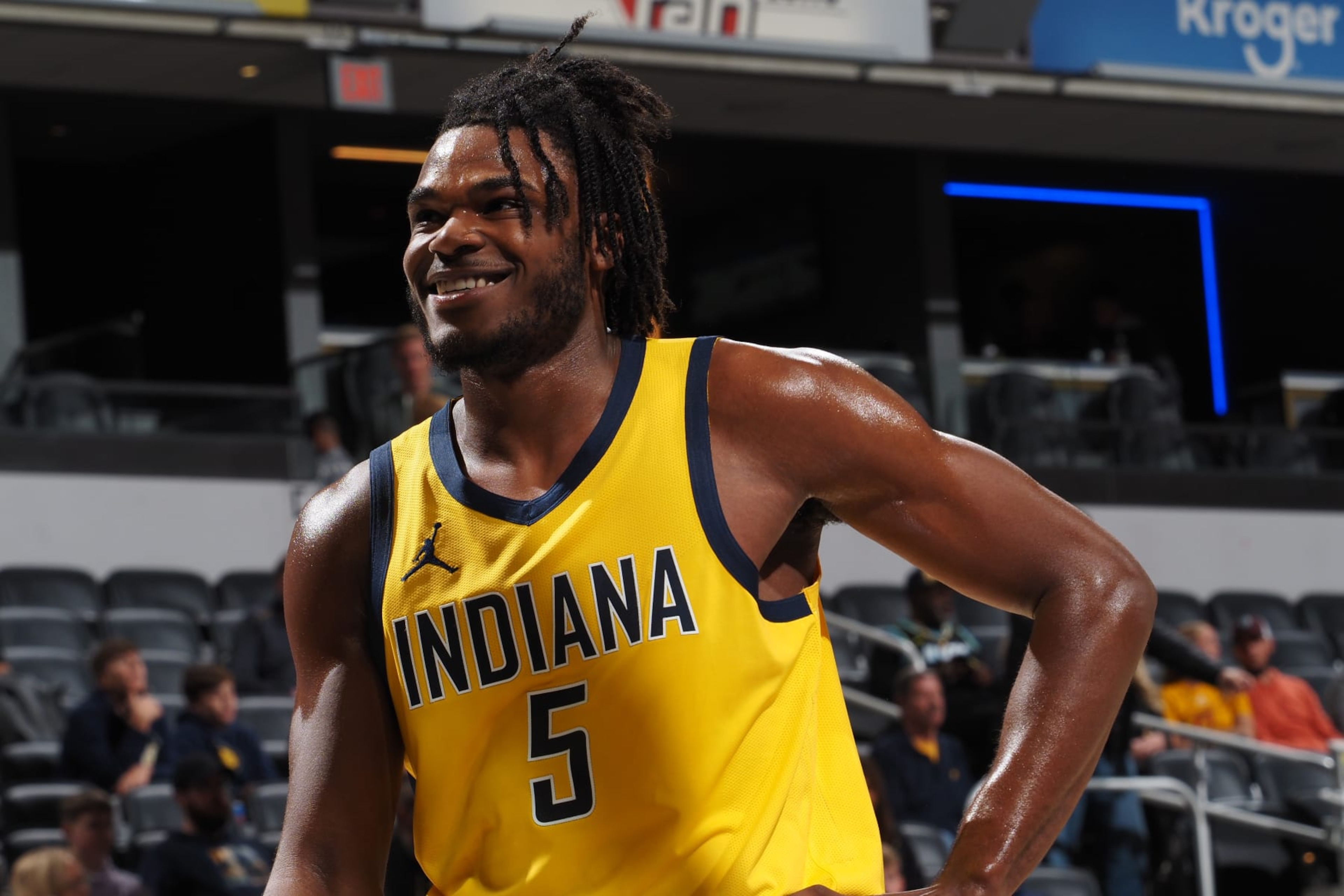 INDIANAPOLIS, IN - NOVEMBER 19: Jarace Walker #5 of the Indiana Pacers smiles after the game against the Orlando Magic on November 19, 2023 at Gainbridge Fieldhouse in Indianapolis, Indiana. NOTE TO USER: User expressly acknowledges and agrees that, by downloading and or using this Photograph, user is consenting to the terms and conditions of the Getty Images License Agreement. Mandatory Copyright Notice: Copyright 2023 NBAE (Photo by Ron Hoskins/NBAE via Getty Images)
