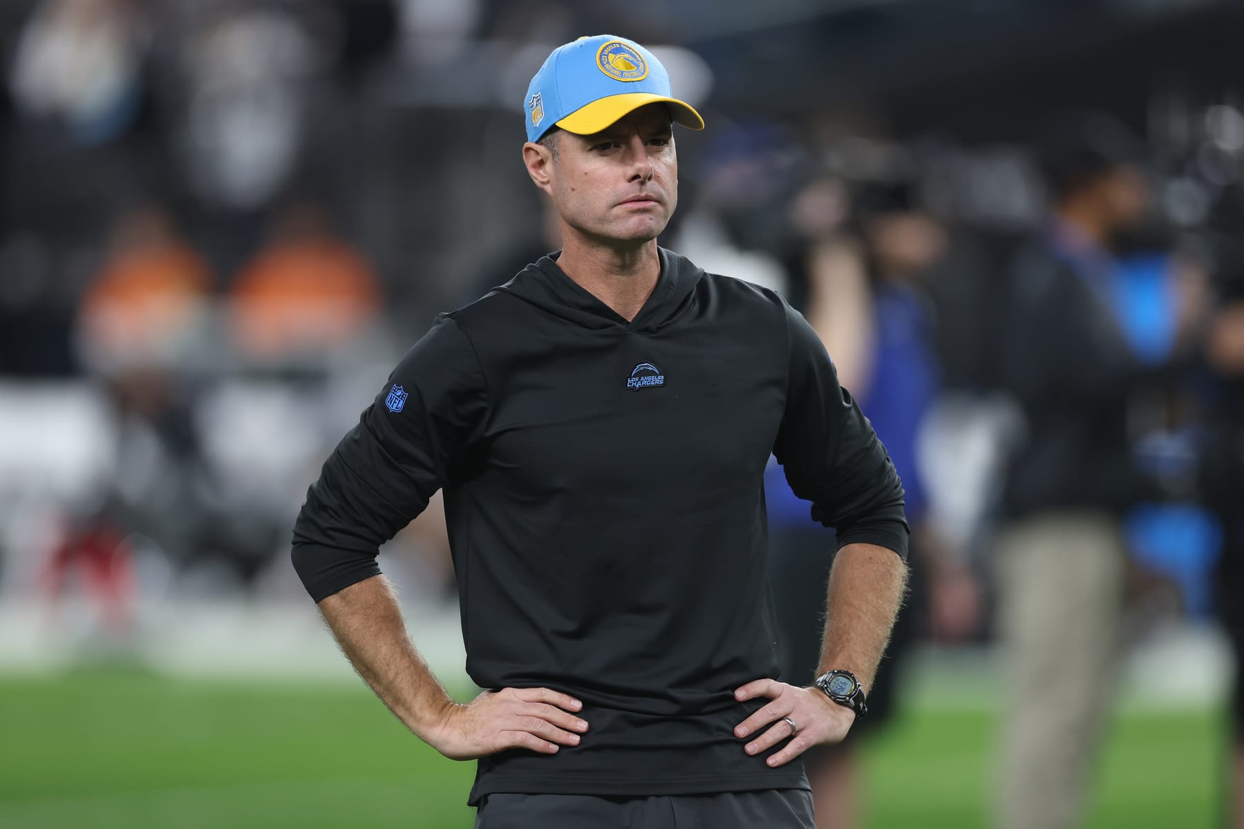 LAS VEGAS, NEVADA - DECEMBER 14: Head coach Brandon Staley of the Los Angeles Chargers looks on before playing against the Las Vegas Raiders at Allegiant Stadium on December 14, 2023 in Las Vegas, Nevada. (Photo by Sean M. Haffey/Getty Images) LAS VEGAS, NEVADA - DECEMBER 14: Head coach Brandon Staley of the Los Angeles Chargers looks on before playing against the Las Vegas Raiders at Allegiant Stadium on December 14, 2023 in Las Vegas, Nevada. (Photo by Sean M. Haffey/Getty Images)