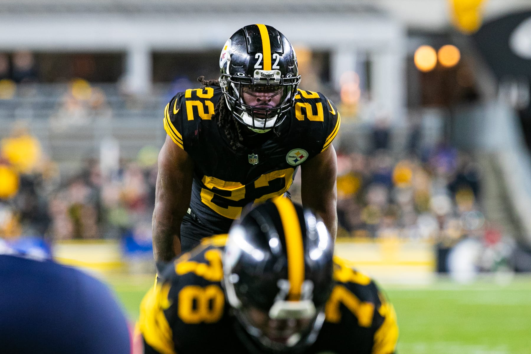 PITTSBURGH, PA - DECEMBER 07: Pittsburgh Steelers running back Najee Harris (22) looks on during the regular season NFL football game between the New England Patriots and Pittsburgh Steelers on December 07, 2023 at Acrisure Stadium in Pittsburgh, PA. (Photo by Mark Alberti/Icon Sportswire via Getty Images)
