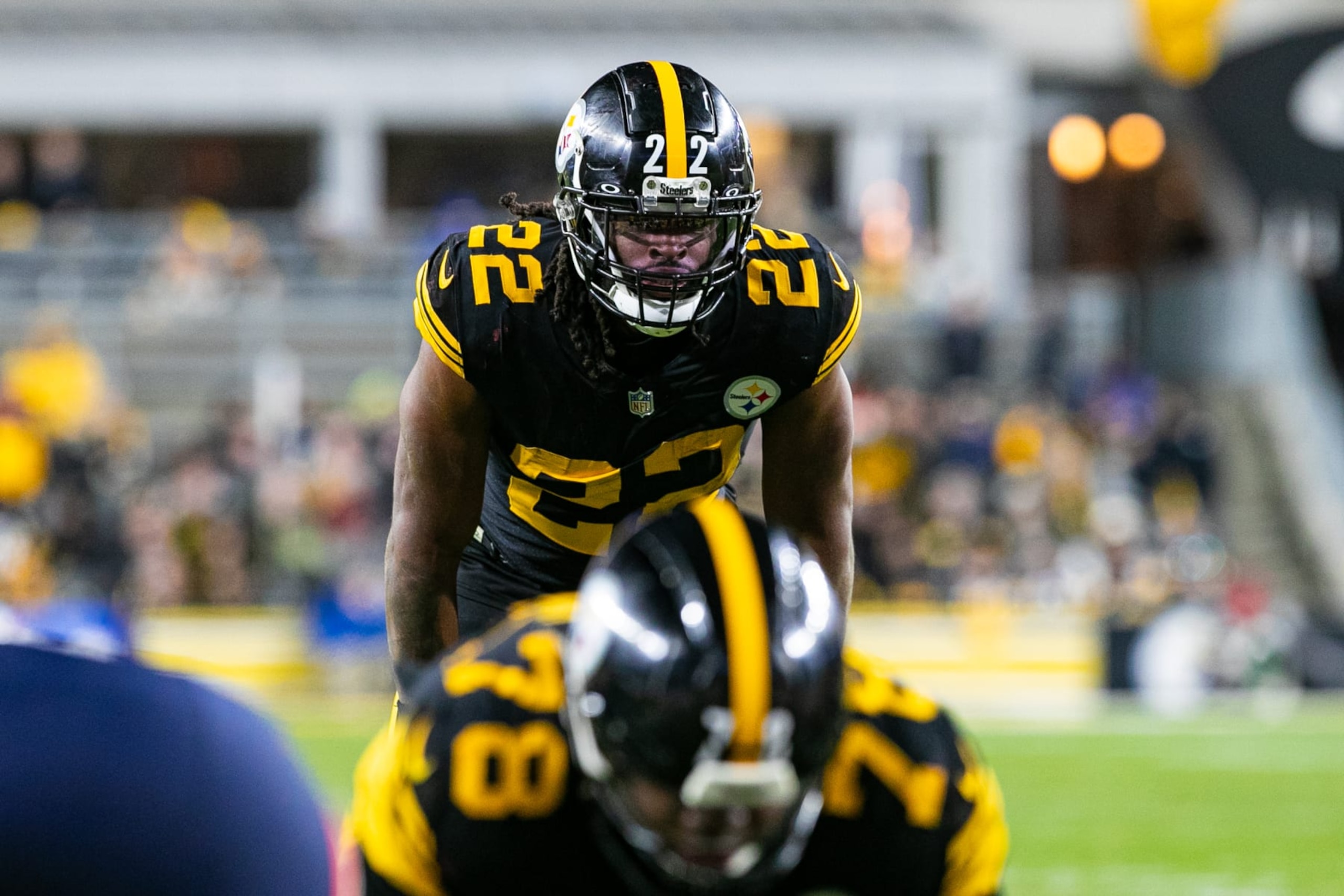PITTSBURGH, PA - DECEMBER 07: Pittsburgh Steelers running back Najee Harris (22) looks on during the regular season NFL football game between the New England Patriots and Pittsburgh Steelers on December 07, 2023 at Acrisure Stadium in Pittsburgh, PA. (Photo by Mark Alberti/Icon Sportswire via Getty Images)