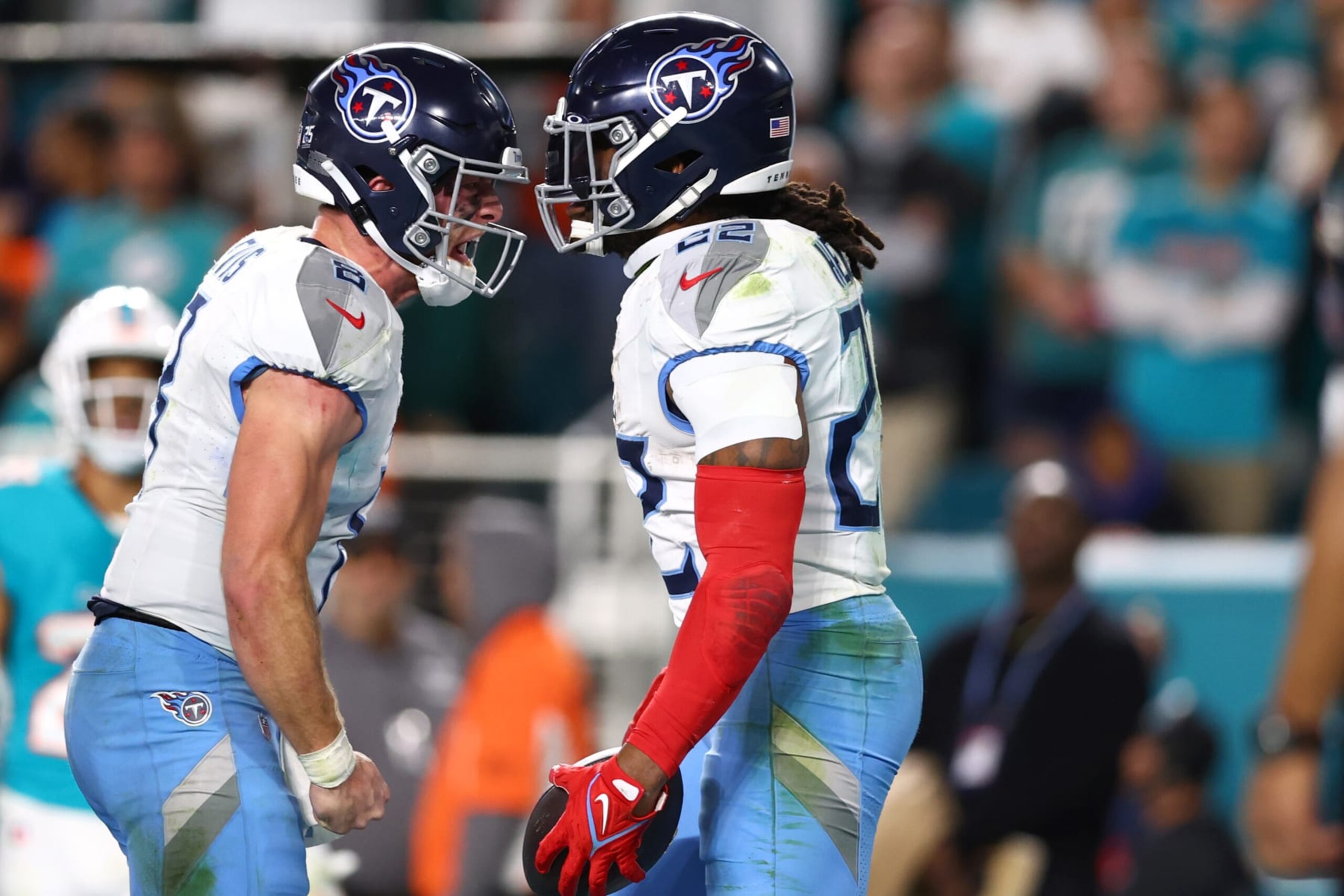 MIAMI GARDENS, FLORIDA - DECEMBER 11: Will Levis #8 and Derrick Henry #22 of the Tennessee Titans celebrate after a touchdown in the fourth quarter at Hard Rock Stadium on December 11, 2023 in Miami Gardens, Florida. (Photo by Megan Briggs/Getty Images)
