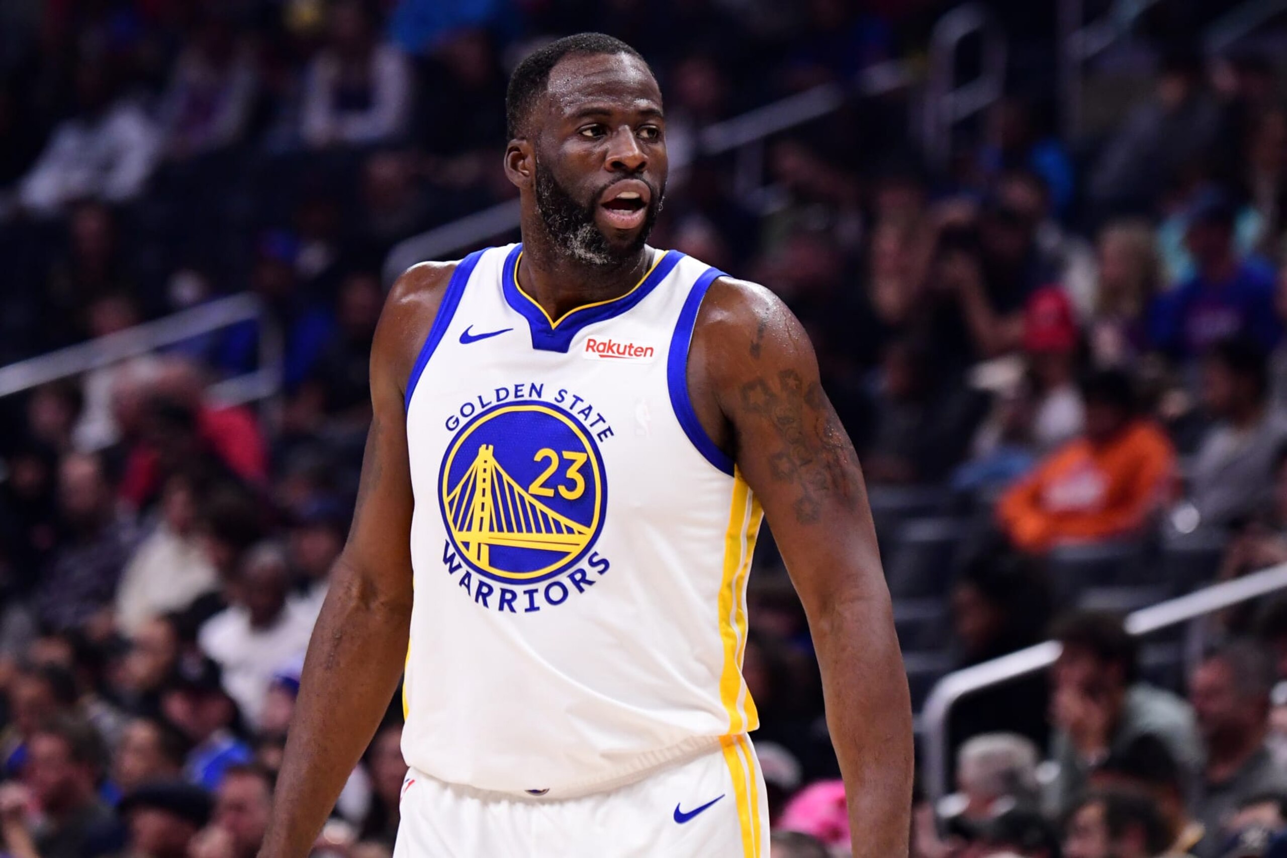 LOS ANGELES, CA - DECEMBER 2: Draymond Green #23 of the Golden State Warriors looks on during the game against the LA Clippers on December 2, 2023 at Crypto.Com Arena in Los Angeles, California. NOTE TO USER: User expressly acknowledges and agrees that, by downloading and/or using this Photograph, user is consenting to the terms and conditions of the Getty Images License Agreement. Mandatory Copyright Notice: Copyright 2023 NBAE (Photo by Adam Pantozzi/NBAE via Getty Images)