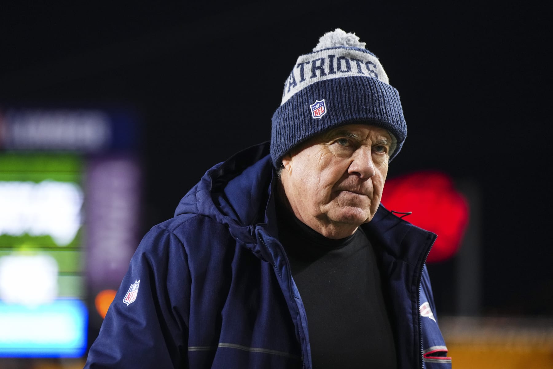 PITTSBURGH, PA - DECEMBER 07: New England Patriots head coach Bill Belichick walks off of the field after an NFL football game against the Pittsburgh Steelers at Acrisure Stadium on December 7, 2023 in Pittsburgh, Pennsylvania. (Photo by Cooper Neill/Getty Images)