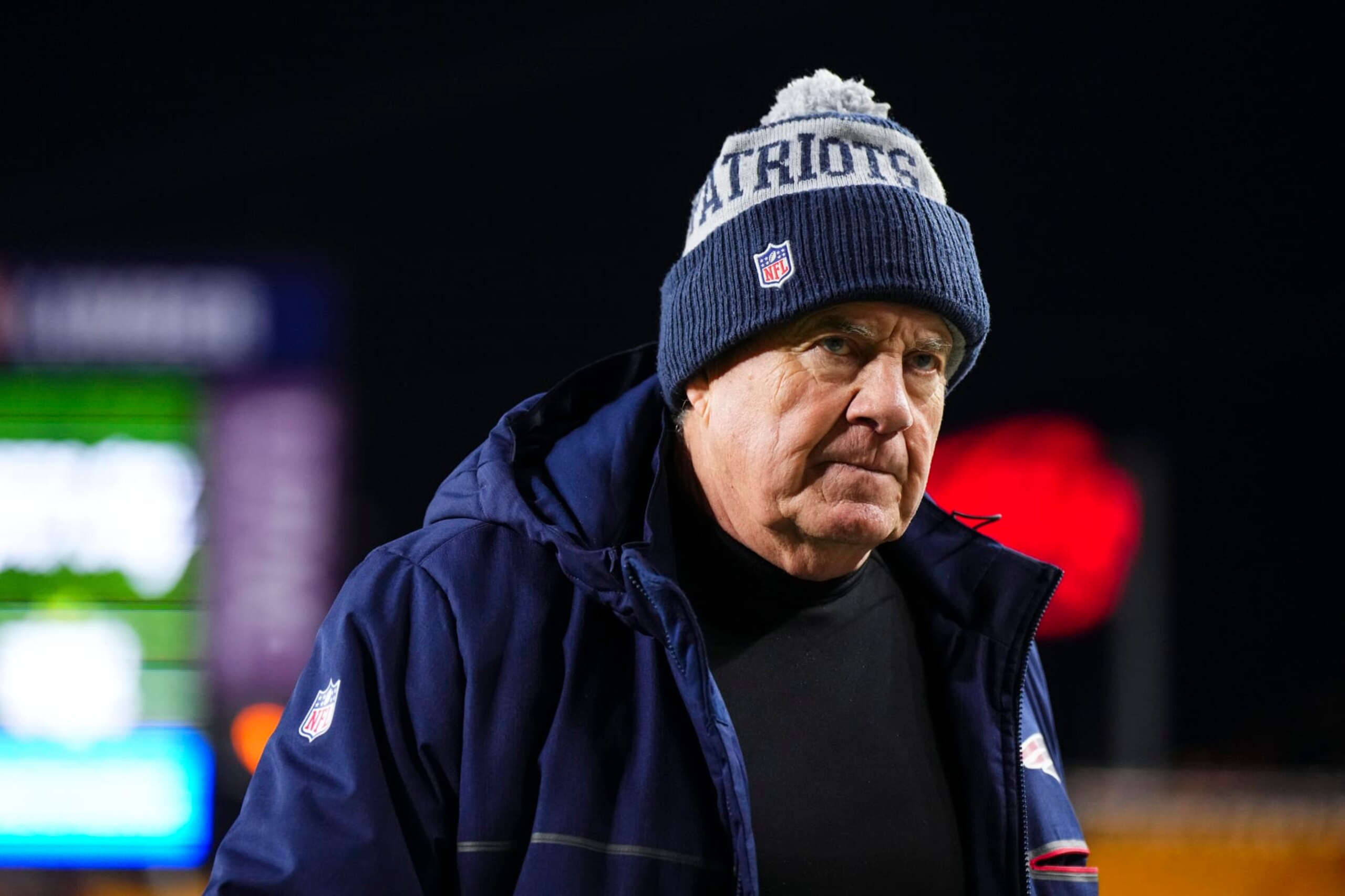 PITTSBURGH, PA - DECEMBER 07: New England Patriots head coach Bill Belichick walks off of the field after an NFL football game against the Pittsburgh Steelers at Acrisure Stadium on December 7, 2023 in Pittsburgh, Pennsylvania. (Photo by Cooper Neill/Getty Images)