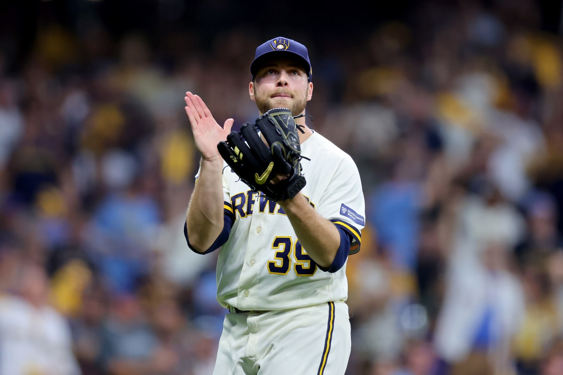 MILWAUKEE, WISCONSIN - OCTOBER 03: Corbin Burnes #39 of the Milwaukee Brewers reacts after recording a strikeout in the second inning against the Arizona Diamondbacks during Game One of the Wild Card Series at American Family Field on October 03, 2023 in Milwaukee, Wisconsin. (Photo by Stacy Revere/Getty Images)