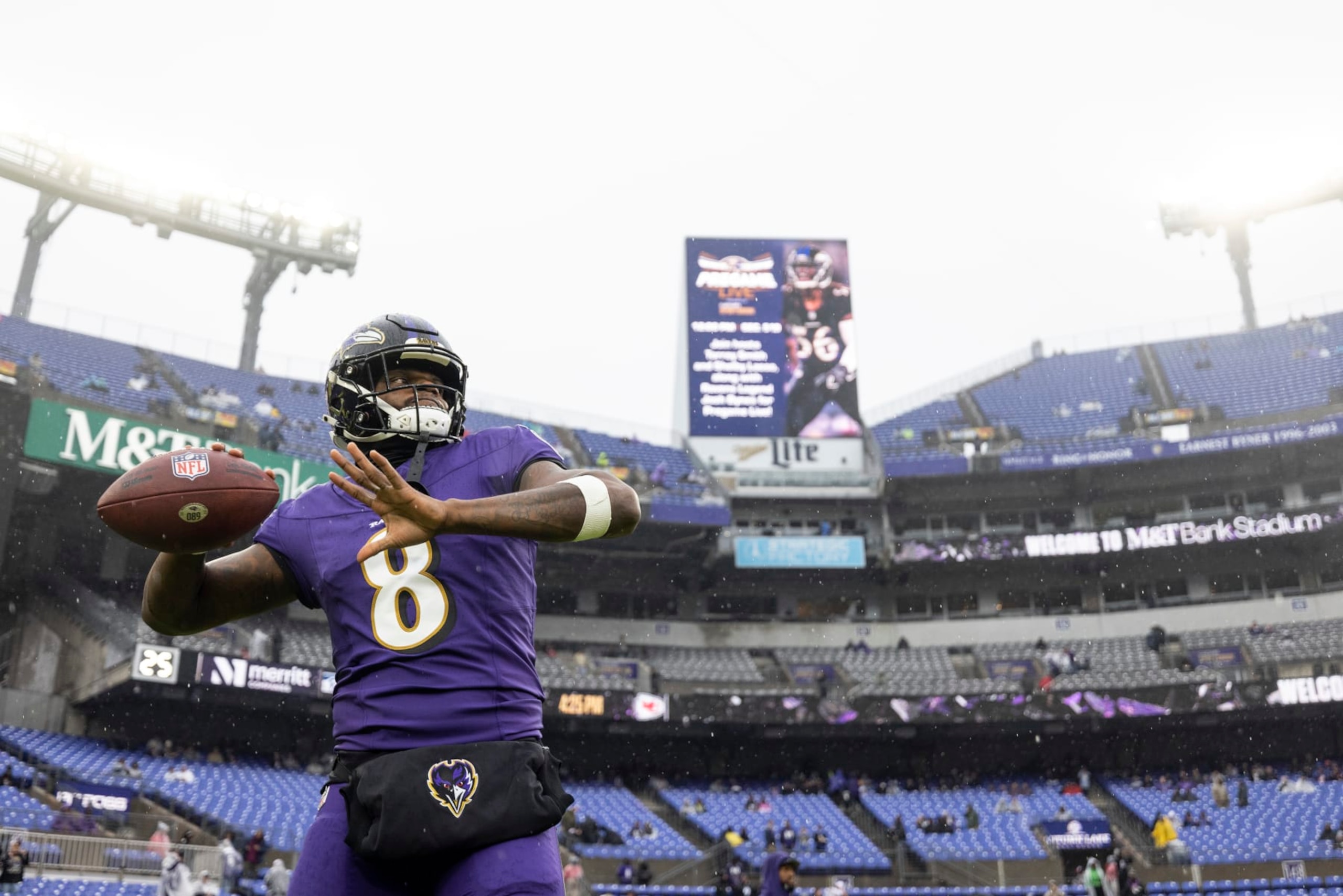 BALTIMORE, MARYLAND - DECEMBER 10: Lamar Jackson #8 of the Baltimore Ravens throws a pass as he warms up prior to an NFL football game between the Baltimore Ravens and the Los Angeles Rams at M&T Bank Stadium on December 10, 2023 in Baltimore, Maryland. (Photo by Michael Owens/Getty Images) BALTIMORE, MARYLAND - DECEMBER 10: Lamar Jackson #8 of the Baltimore Ravens throws a pass as he warms up prior to an NFL football game between the Baltimore Ravens and the Los Angeles Rams at M&T Bank Stadium on December 10, 2023 in Baltimore, Maryland. (Photo by Michael Owens/Getty Images)