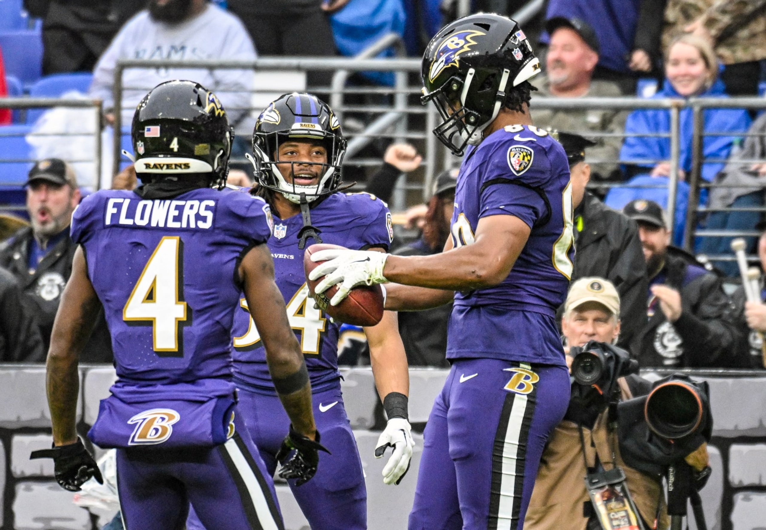 BALTIMORE, MD - DECEMBER 10:  Baltimore Ravens tight end Isaiah Likely (80) celebrates his touchdown reception with running back Keaton Mitchell (34) during the Los Angeles Rams game versus the Baltimore Ravens on December 10, 2023 at M&T Bank Stadium in Baltimore, MD.  (Photo by Mark Goldman/Icon Sportswire via Getty Images)