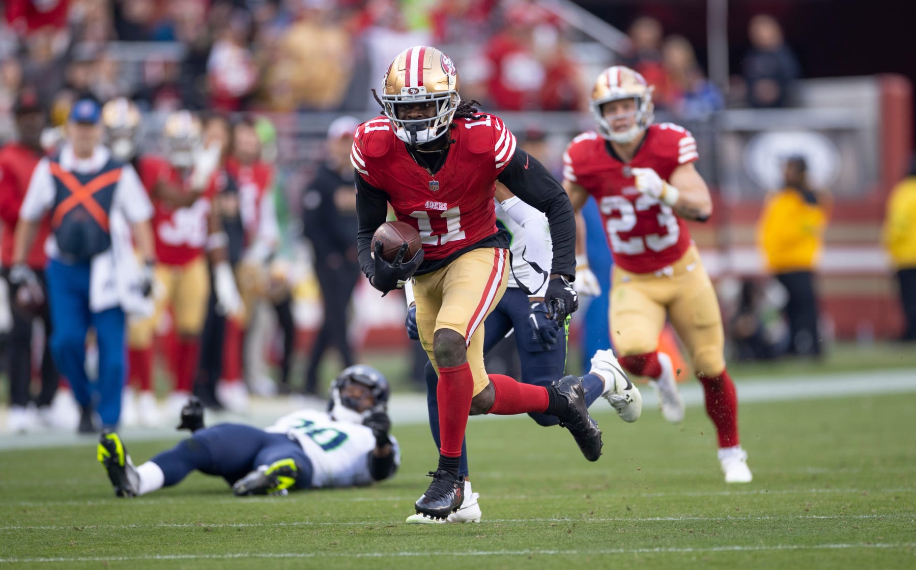 SANTA CLARA, CA - DECEMBER 10: Brandon Aiyuk #11 of the San Francisco 49ers runs after making a catch during the game against the Seattle Seahawks at Levi's Stadium on December 10, 2023 in Santa Clara, California. The 49ers defeated the Seahawks 28-16. (Photo by Michael Zagaris/San Francisco 49ers/Getty Images)