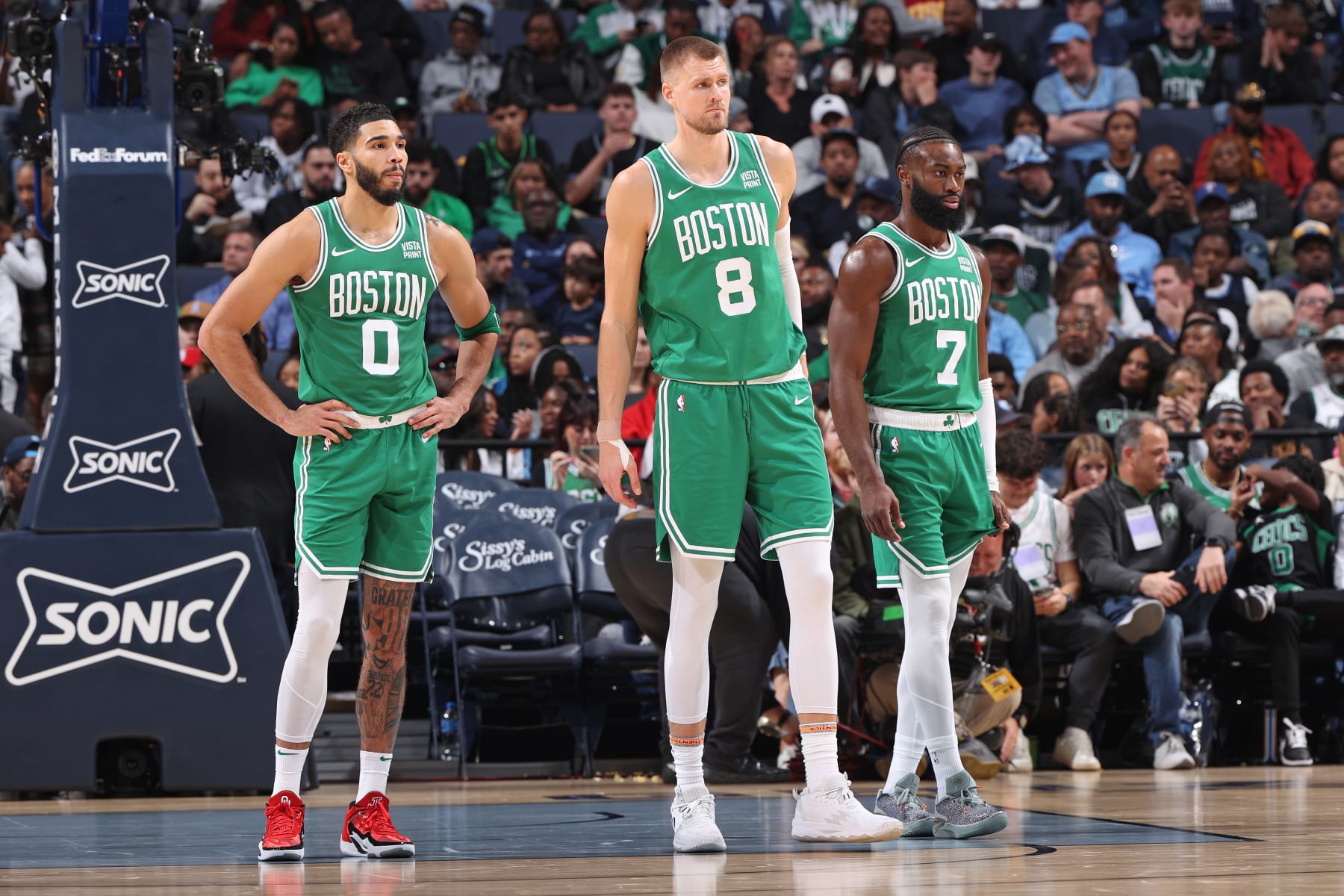 Jayson Tatum, Kristaps PorziÅÄ£is and Jaylen Brown