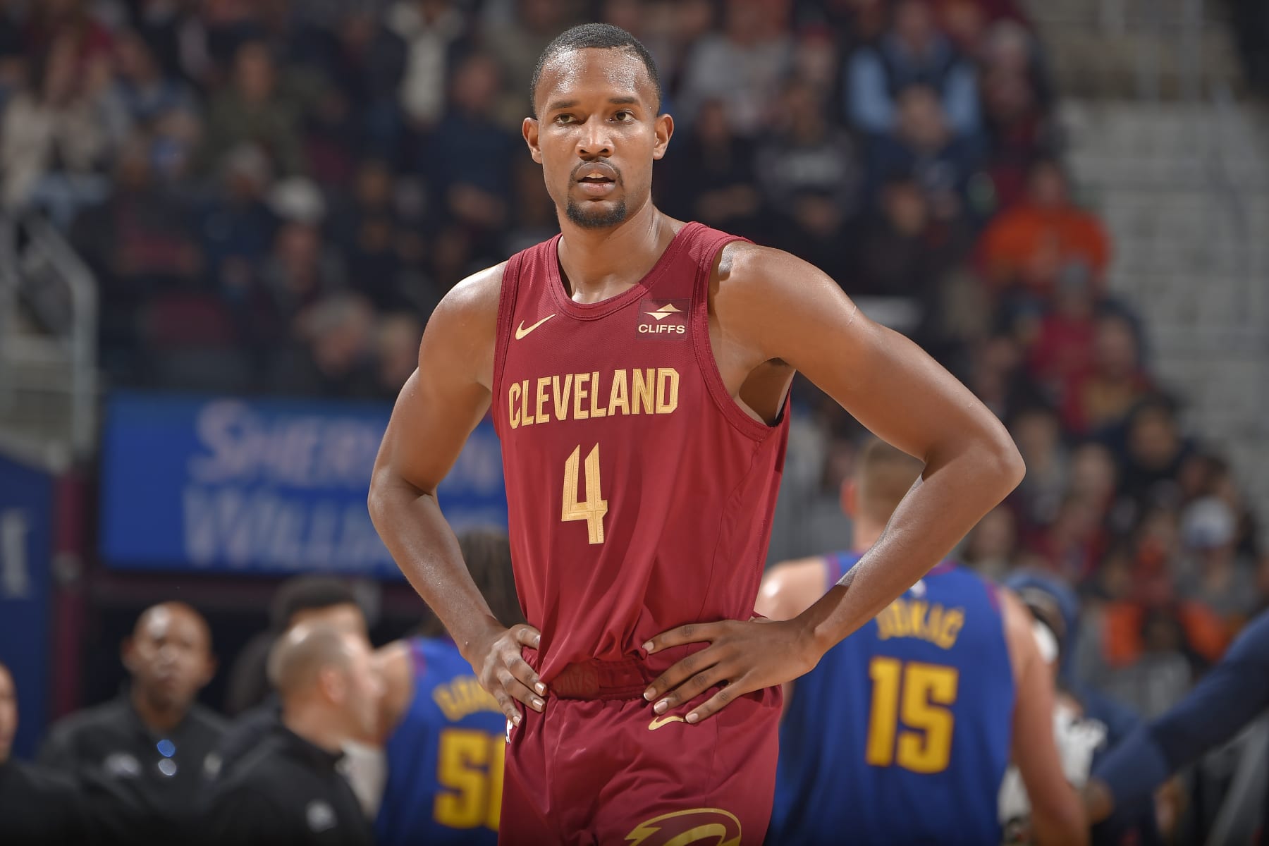 CLEVELAND, OH - NOVEMBER 19: Evan Mobley #4 of the Cleveland Cavaliers looks on during the game against the Denver Nuggets on November 19, 2023 at Rocket Mortgage FieldHouse in Cleveland, Ohio. NOTE TO USER: User expressly acknowledges and agrees that, by downloading and/or using this Photograph, user is consenting to the terms and conditions of the Getty Images License Agreement. Mandatory Copyright Notice: Copyright 2023 NBAE (Photo by David Liam Kyle/NBAE via Getty Images)