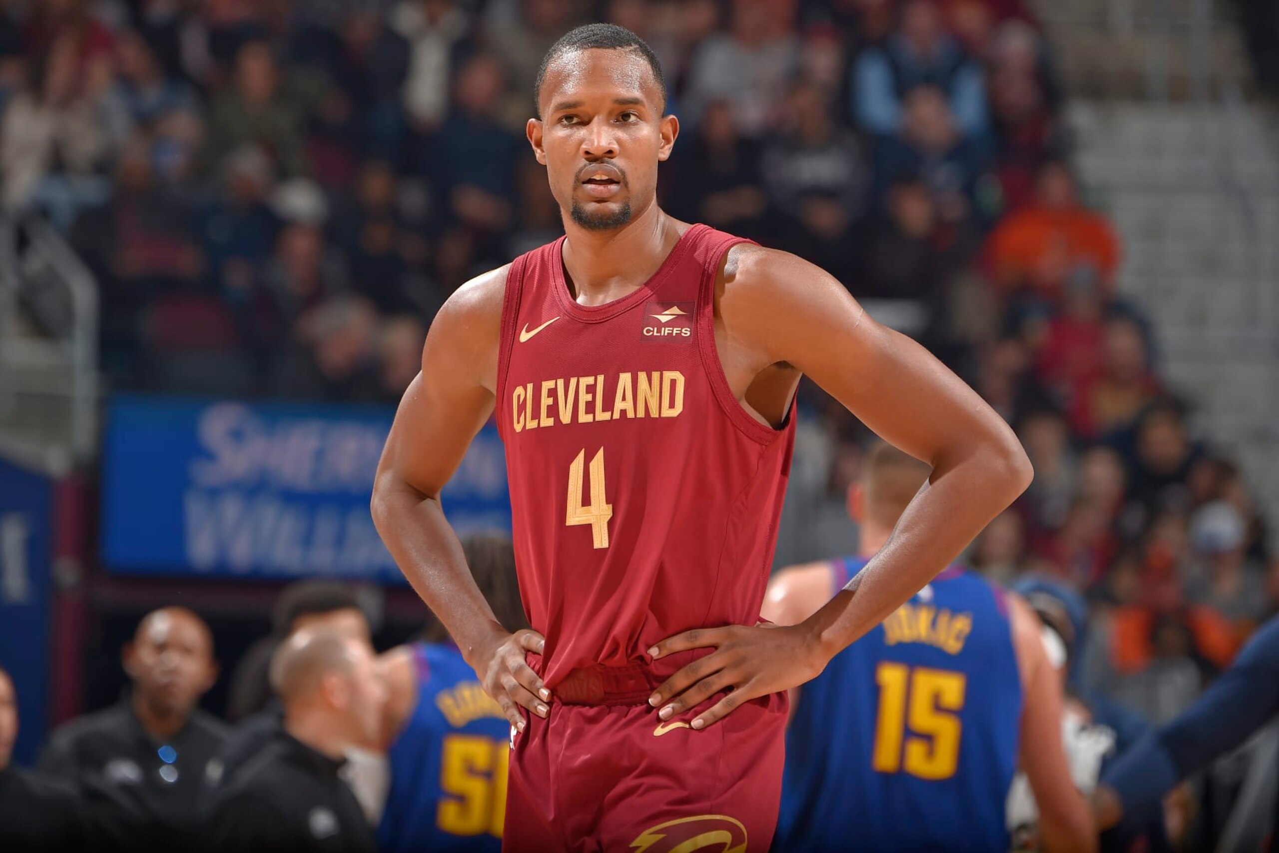 CLEVELAND, OH - NOVEMBER 19: Evan Mobley #4 of the Cleveland Cavaliers looks on during the game against the Denver Nuggets on November 19, 2023 at Rocket Mortgage FieldHouse in Cleveland, Ohio. NOTE TO USER: User expressly acknowledges and agrees that, by downloading and/or using this Photograph, user is consenting to the terms and conditions of the Getty Images License Agreement. Mandatory Copyright Notice: Copyright 2023 NBAE (Photo by David Liam Kyle/NBAE via Getty Images)