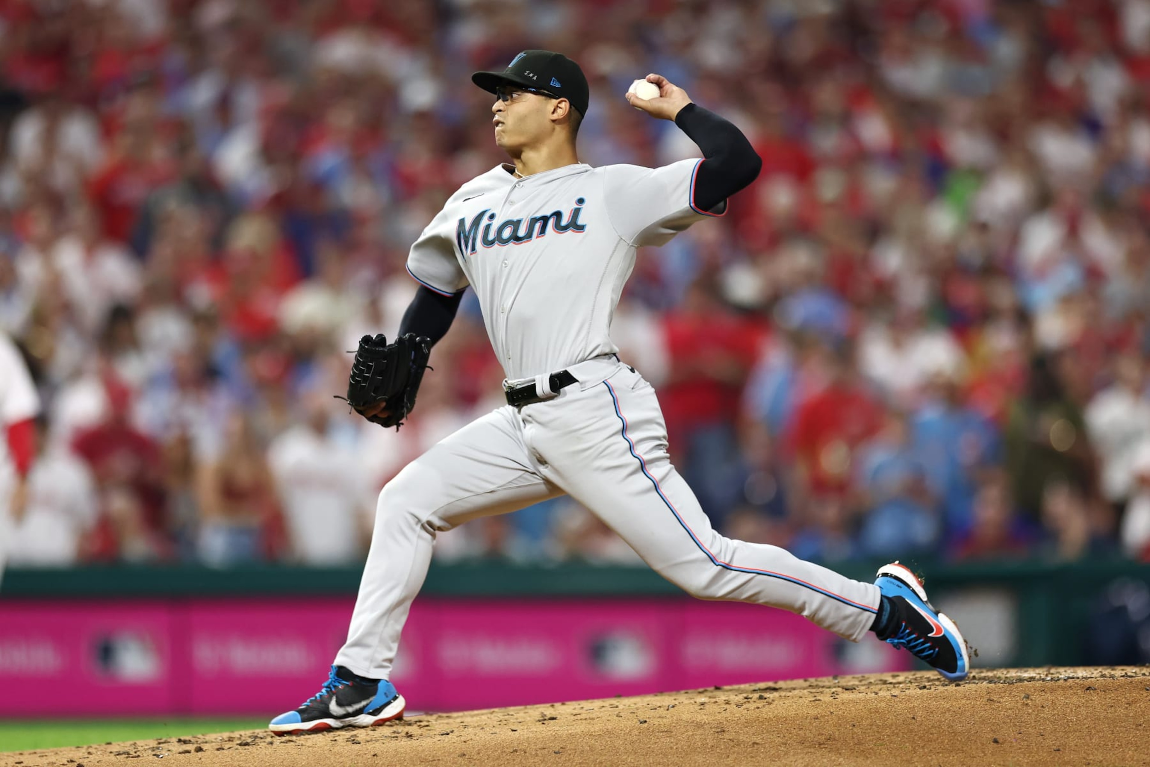 PHILADELPHIA, PENNSYLVANIA - OCTOBER 03: Jesus Luzardo #44 of the Miami Marlins pitches during the first inning against the Philadelphia Phillies in Game One of the Wild Card Series at Citizens Bank Park on October 03, 2023 in Philadelphia, Pennsylvania. (Photo by Tim Nwachukwu/Getty Images)