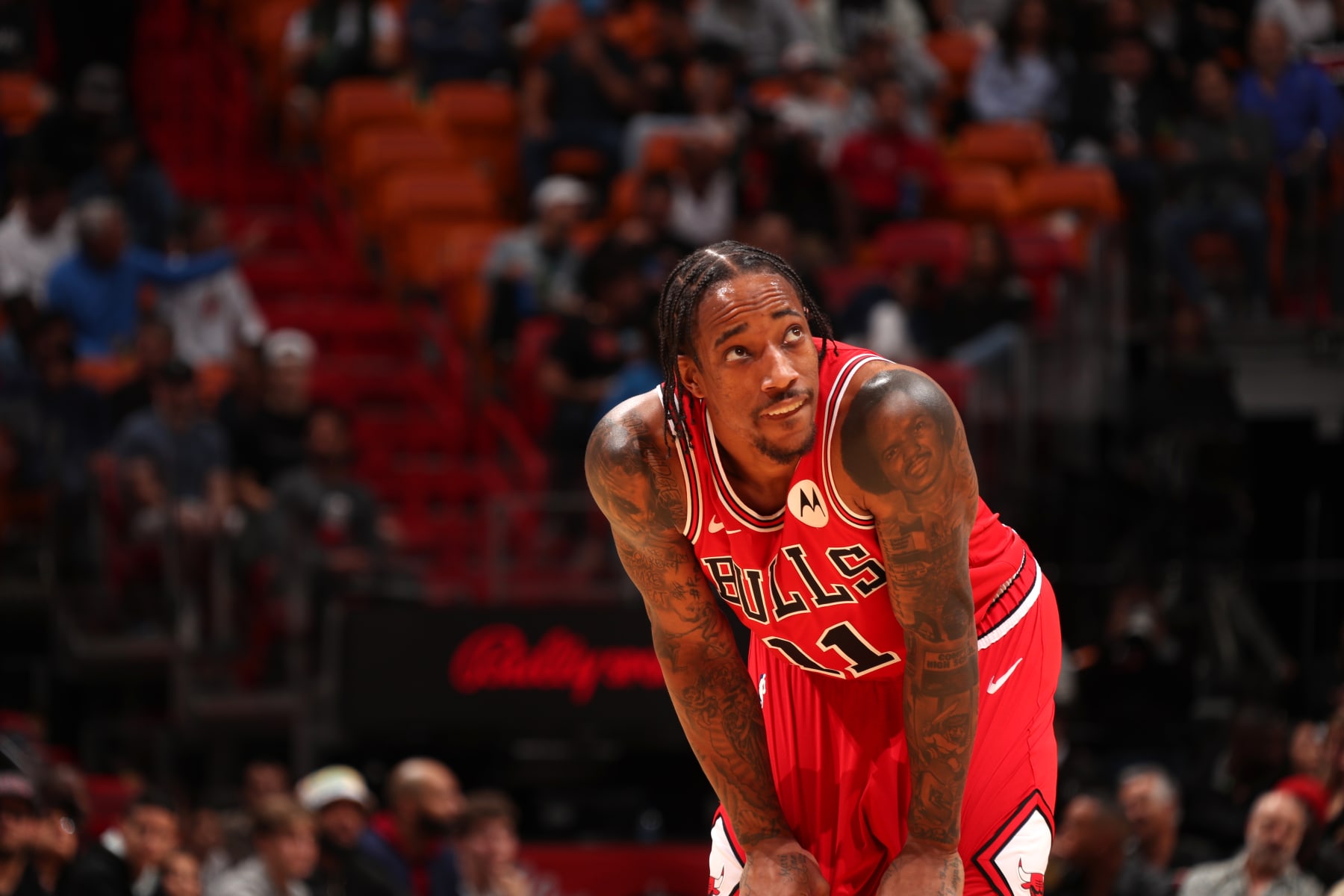 MIAMI, FL - DECEMBER 14: DeMar DeRozan #11 of the Chicago Bulls looks on during the game against the Miami Heat on December 14, 2023 at Miami-Dade Arena in Miami, Florida. NOTE TO USER: User expressly acknowledges and agrees that, by downloading and or using this Photograph, user is consenting to the terms and conditions of the Getty Images License Agreement. Mandatory Copyright Notice: Copyright 2023 NBAE (Photo by Issac Baldizon/NBAE via Getty Images)