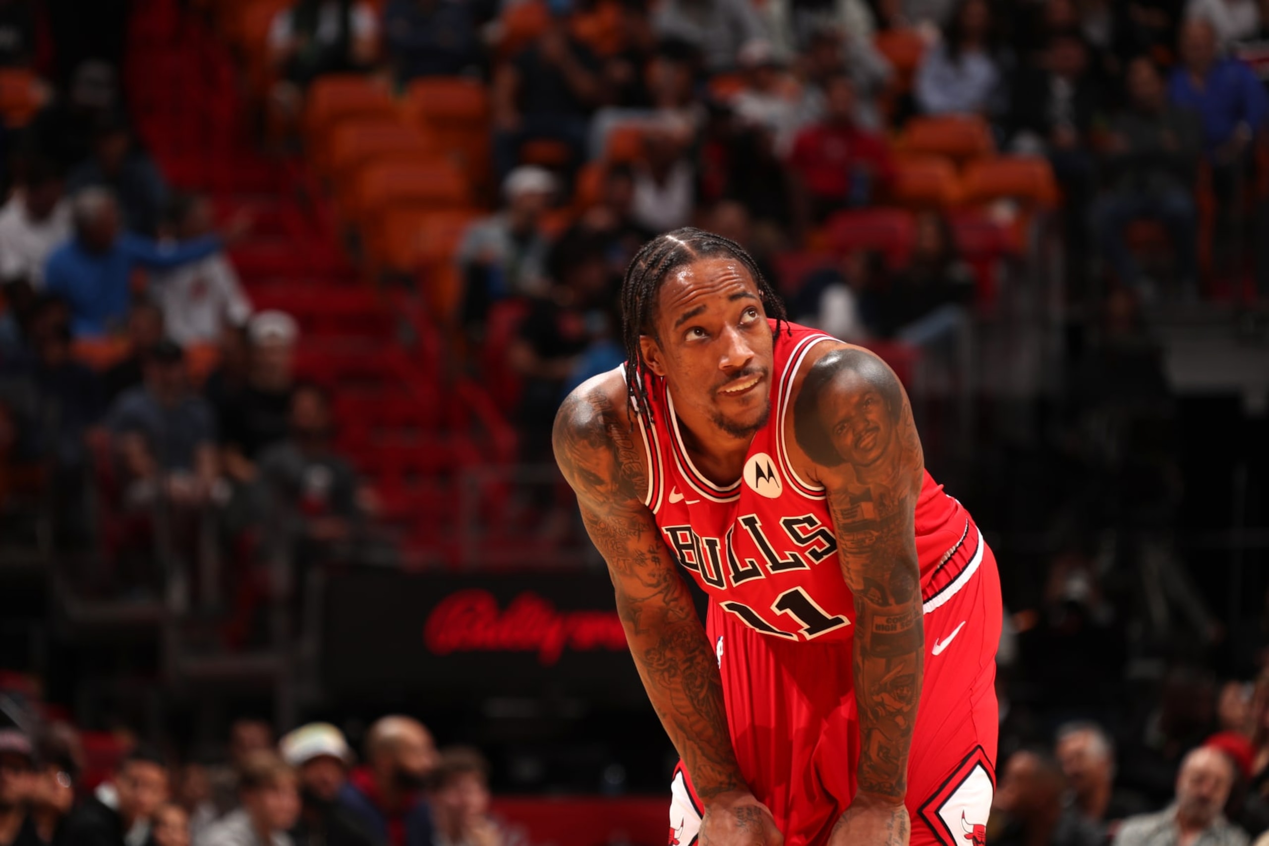 MIAMI, FL - DECEMBER 14: DeMar DeRozan #11 of the Chicago Bulls looks on during the game against the Miami Heat on December 14, 2023 at Miami-Dade Arena in Miami, Florida. NOTE TO USER: User expressly acknowledges and agrees that, by downloading and or using this Photograph, user is consenting to the terms and conditions of the Getty Images License Agreement. Mandatory Copyright Notice: Copyright 2023 NBAE (Photo by Issac Baldizon/NBAE via Getty Images)