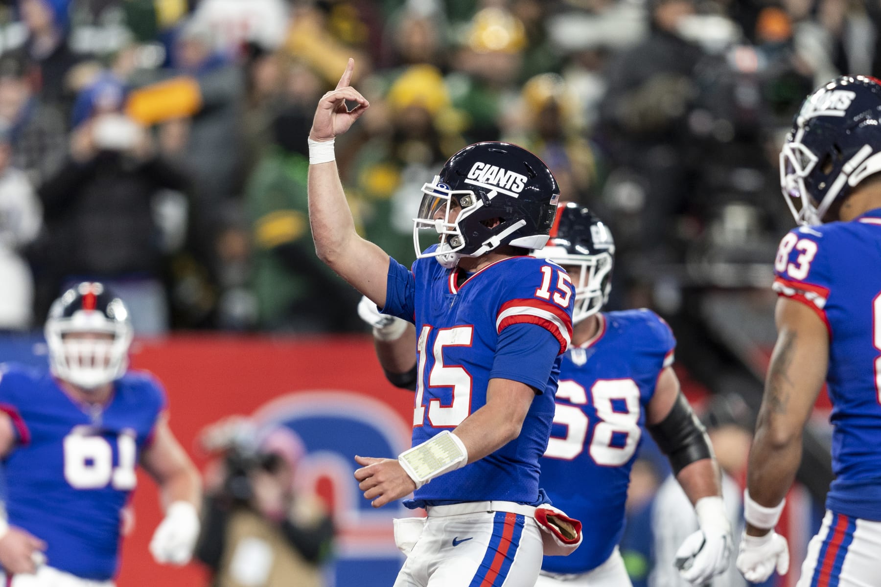 EAST RUTHERFORD, NEW JERSEY - DECEMBER 11: Tommy DeVito #15 of the New York Giants celebrates after a touchdown during an NFL football game between the New York Giants and the Green Bay Packers at MetLife Stadium on December 11, 2023 in East Rutherford, New Jersey. (Photo by Michael Owens/Getty Images)