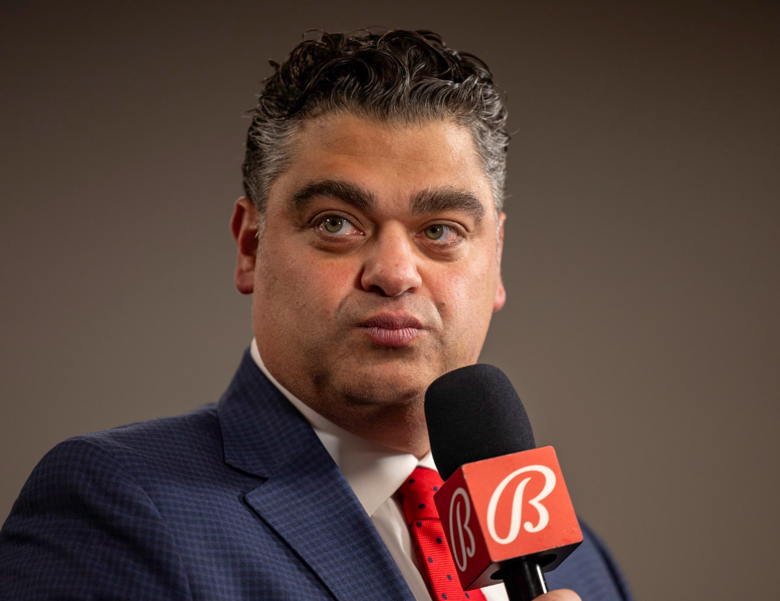 Anaheim, CA - November 15:  Angeles general manager Perry Minasian answers reporters' questions after introducing Angels new manager Ron Washington during his introduction news conference at Angel Stadium in Anaheim Wednesday, Nov. 15, 2023.  (Allen J. Schaben / Los Angeles Times via Getty Images)