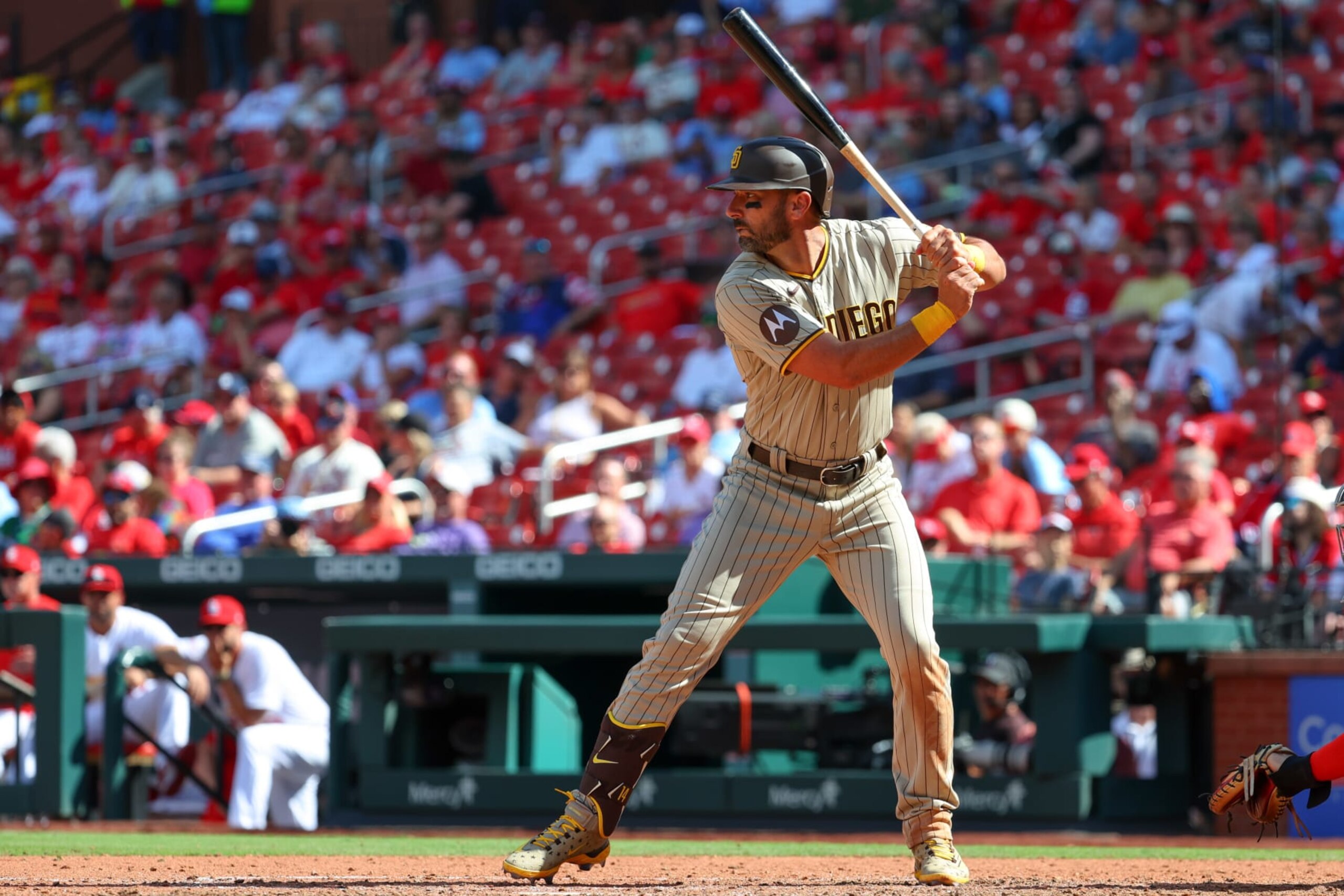 ST. LOUIS, MO - AUGUST 30: Matt Carpenter #14 of the San Diego Padres bats during the game between the San Diego Padres and the St. Louis Cardinals at Busch Stadium on Wednesday, August 30, 2023 in St. Louis, Missouri. (Photo by Dilip Vishwanat/MLB Photos via Getty Images) ST. LOUIS, MO - AUGUST 30: Matt Carpenter #14 of the San Diego Padres bats during the game between the San Diego Padres and the St. Louis Cardinals at Busch Stadium on Wednesday, August 30, 2023 in St. Louis, Missouri. (Photo by Dilip Vishwanat/MLB Photos via Getty Images)
