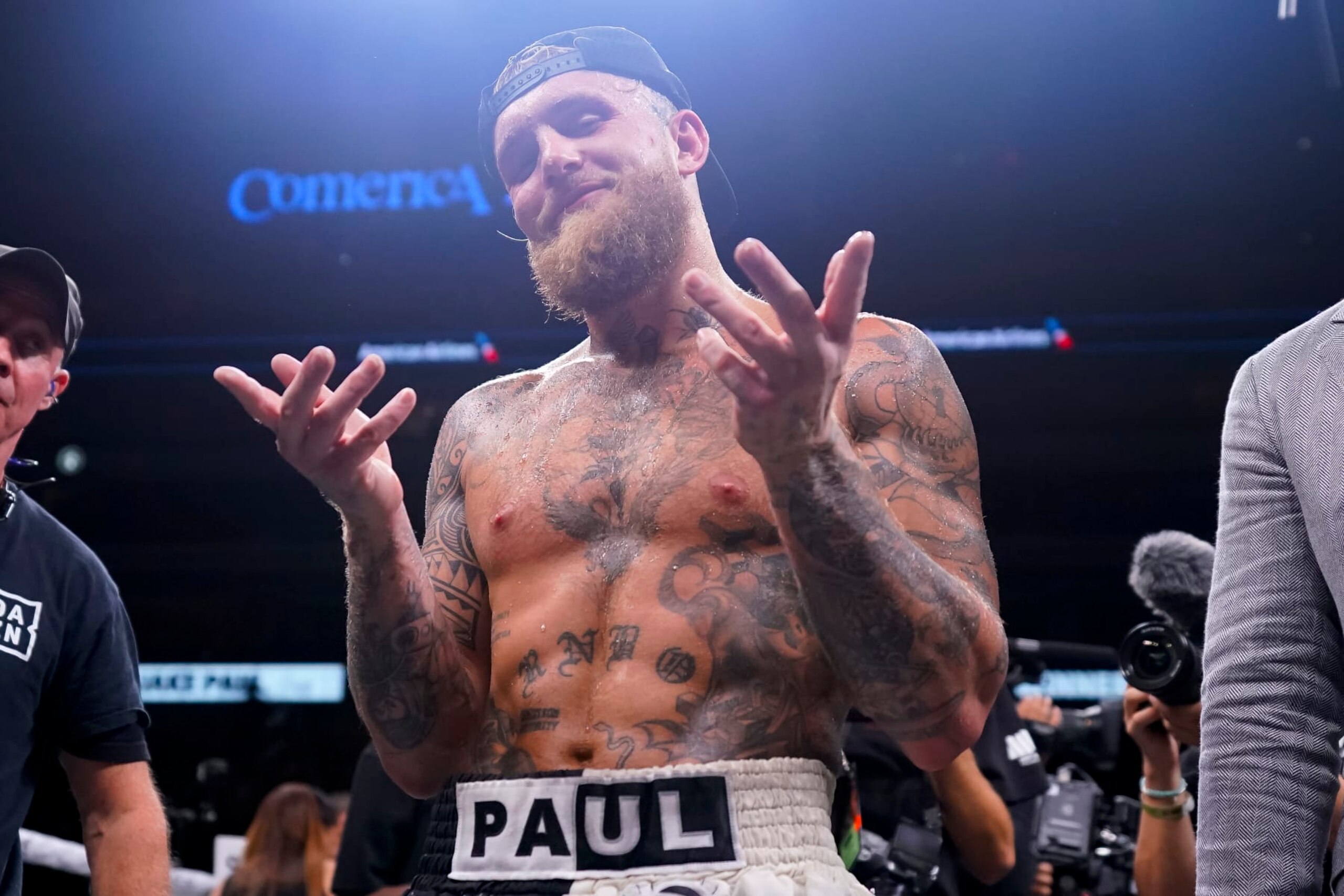DALLAS, TEXAS - AUGUST 05: Jake Paul poses for a photo after defeating Nate Diaz at the American Airlines Center on August 05, 2023 in Dallas, Texas. (Photo by Sam Hodde/Getty Images) DALLAS, TEXAS - AUGUST 05: Jake Paul poses for a photo after defeating Nate Diaz at the American Airlines Center on August 05, 2023 in Dallas, Texas. (Photo by Sam Hodde/Getty Images)