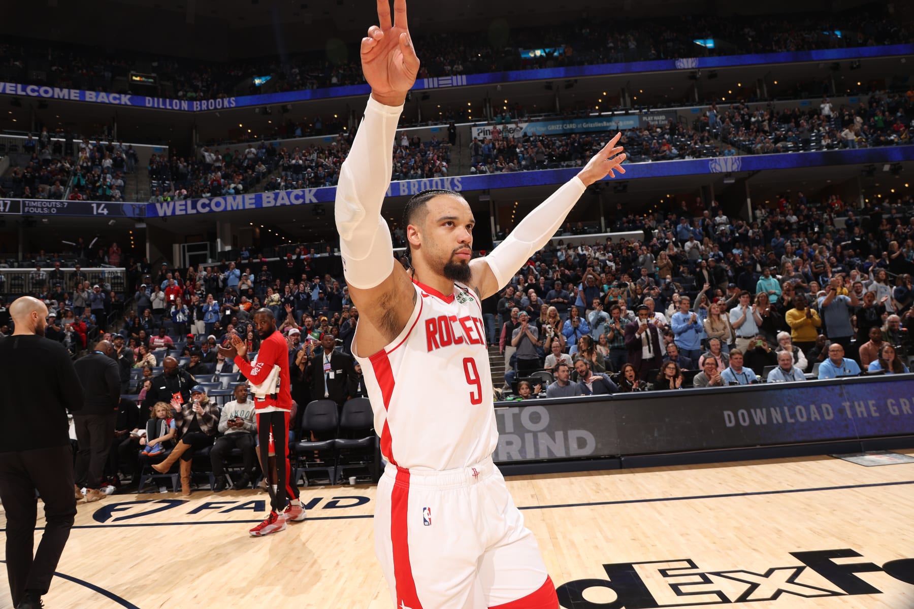MEMPHIS, TN - DECEMBER 15:  Dillon Brooks #9 of the Houston Rockets reacts after watching a welcome back video during the game against the Memphis Grizzlies on December 15, 2023 at FedExForum in Memphis, Tennessee. NOTE TO USER: User expressly acknowledges and agrees that, by downloading and or using this photograph, User is consenting to the terms and conditions of the Getty Images License Agreement. Mandatory Copyright Notice: Copyright 2023 NBAE (Photo by Joe Murphy/NBAE via Getty Images)