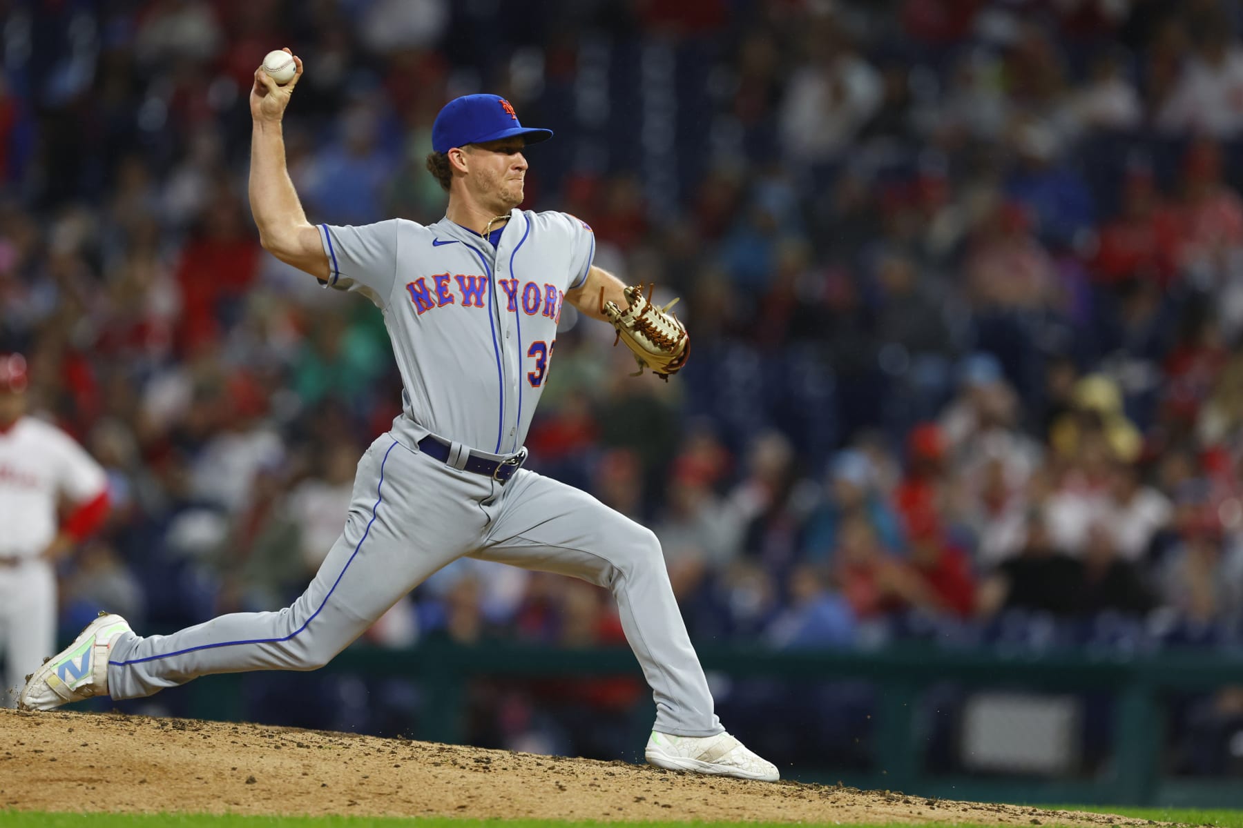 PHILADELPHIA, PENNSYLVANIA - SEPTEMBER 24: Trevor Gott #33 of the New York Mets in action against the Philadelphia Phillies during a game at Citizens Bank Park on September 24, 2023 in Philadelphia, Pennsylvania. (Photo by Rich Schultz/Getty Images)