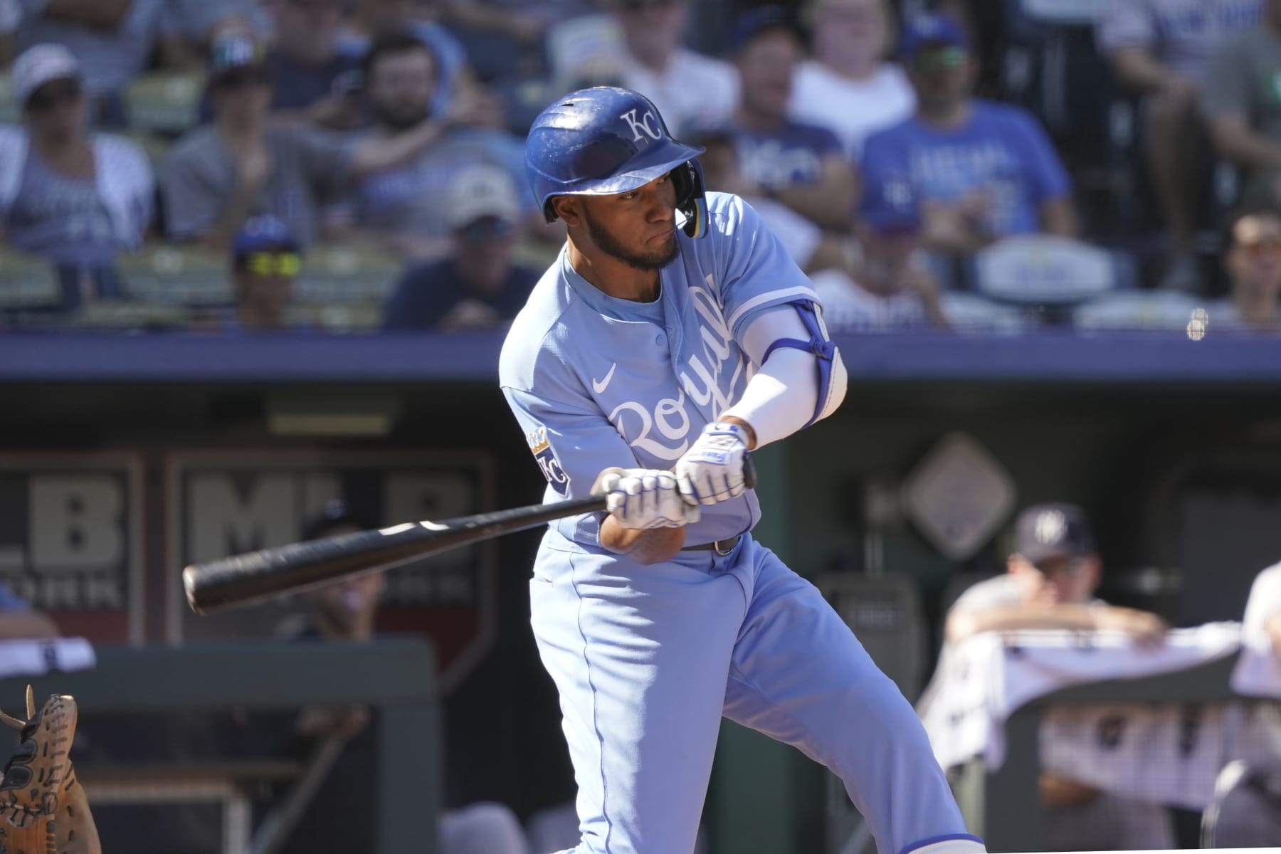 KANSAS CITY, MISSOURI - OCTOBER 01: Edward Olivares #14 of the Kansas City Royals hits against the New York Yankees  Kauffman Stadium on October 01, 2023 in Kansas City, Missouri. (Photo by Ed Zurga/Getty Images)